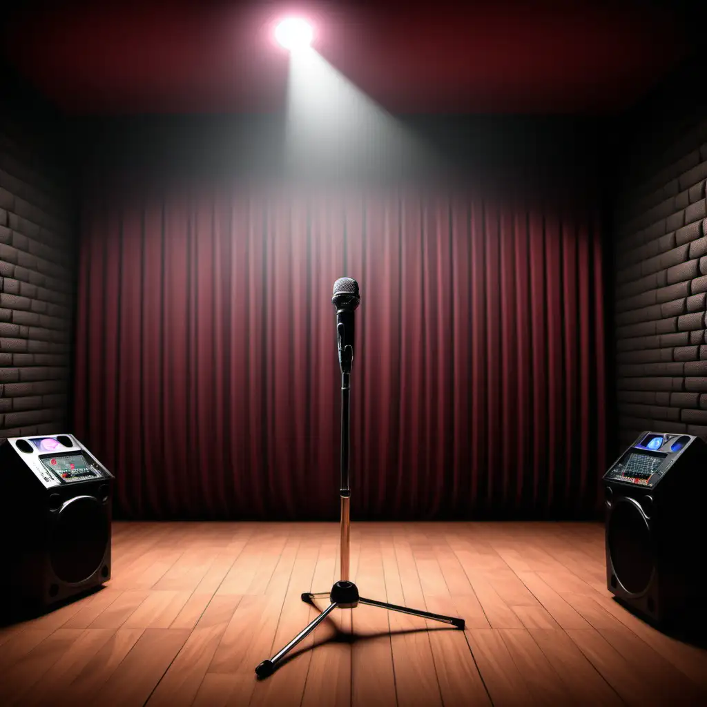 Erstelle mir ein Bild eines Karaokeinnenraumes mit einer Bühne, auf der Mikrofons stehen