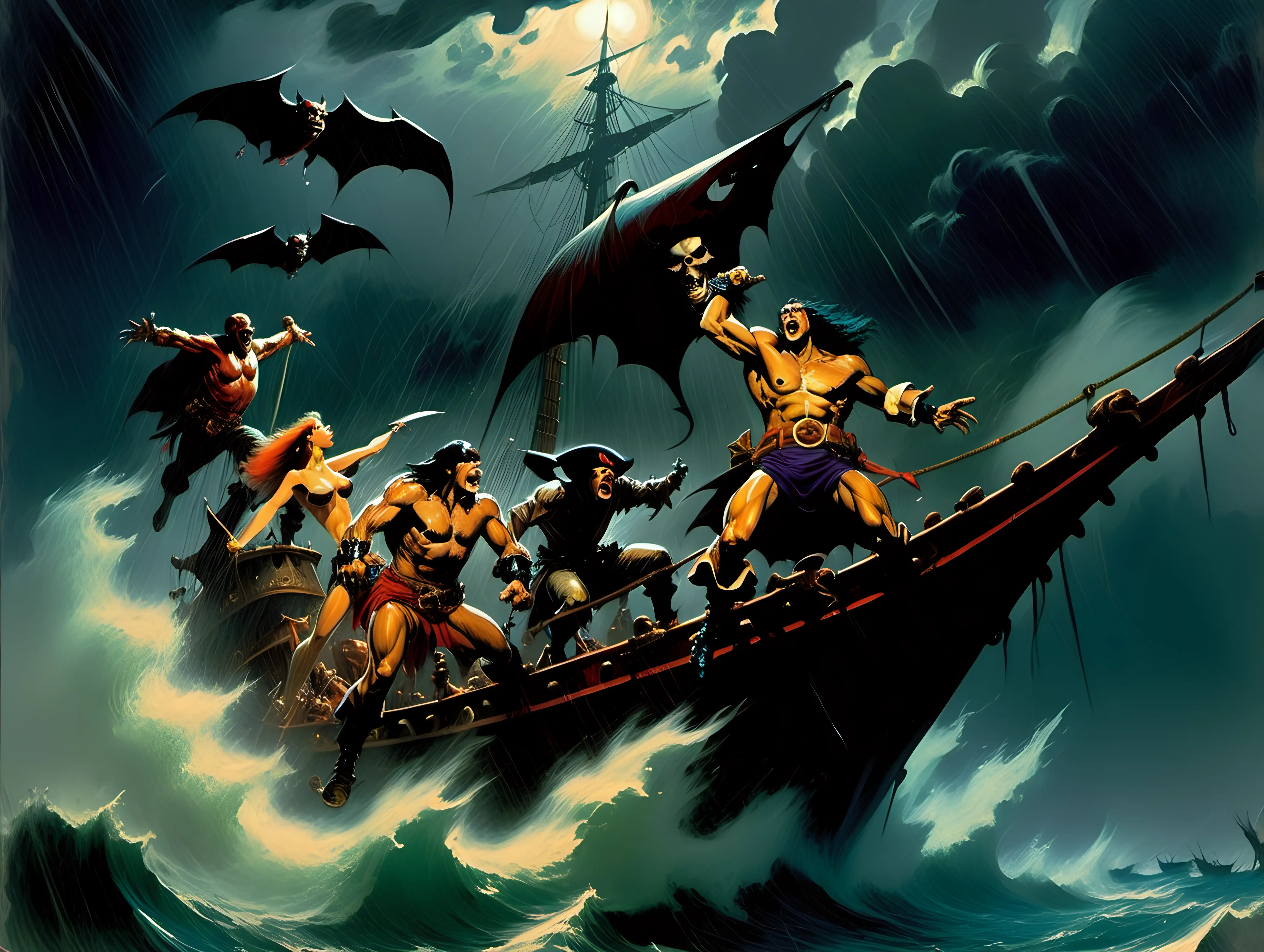 Captain Sinbad fighting pirates and vampire bats on the high seas in a  heavy rain storm Frank Frazetta style