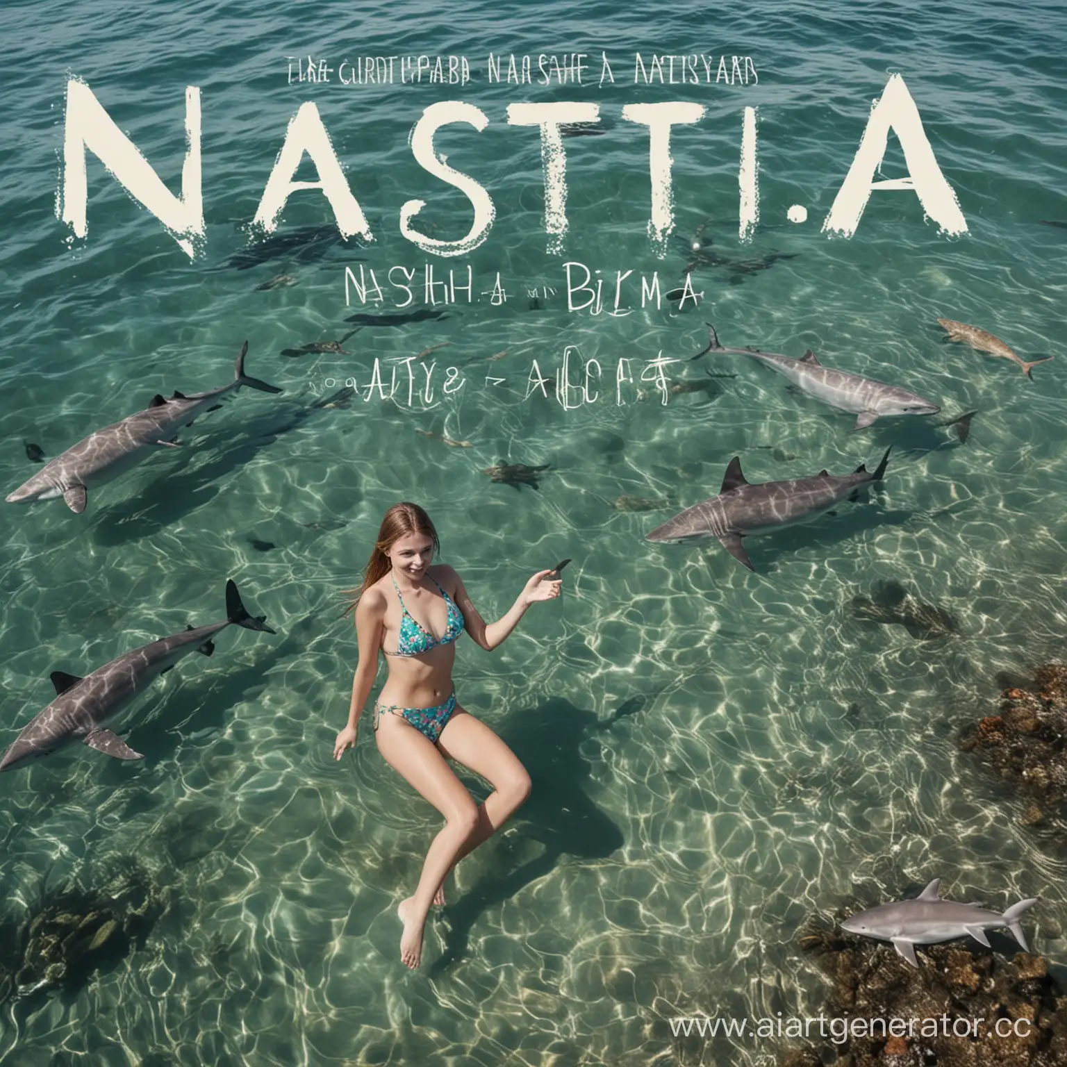 Девушка в бикини и над ней написано имя Настя. Она плавает в море и в рядом с ней плавают разные акулы и крабы. Которые заплывают на неё