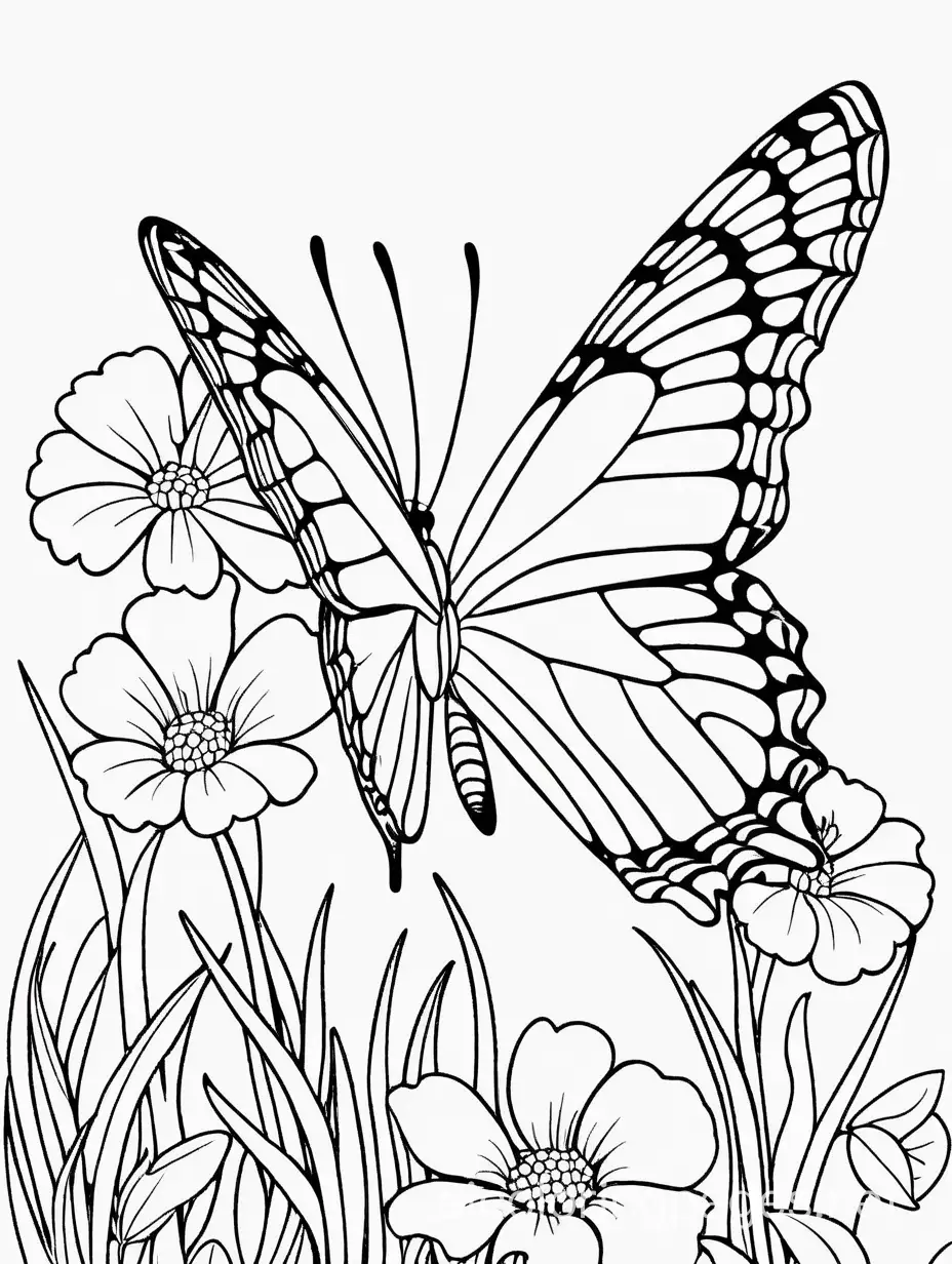 Butterfly-in-the-Garden-Coloring-Page-Simple-Line-Art-for-Kids