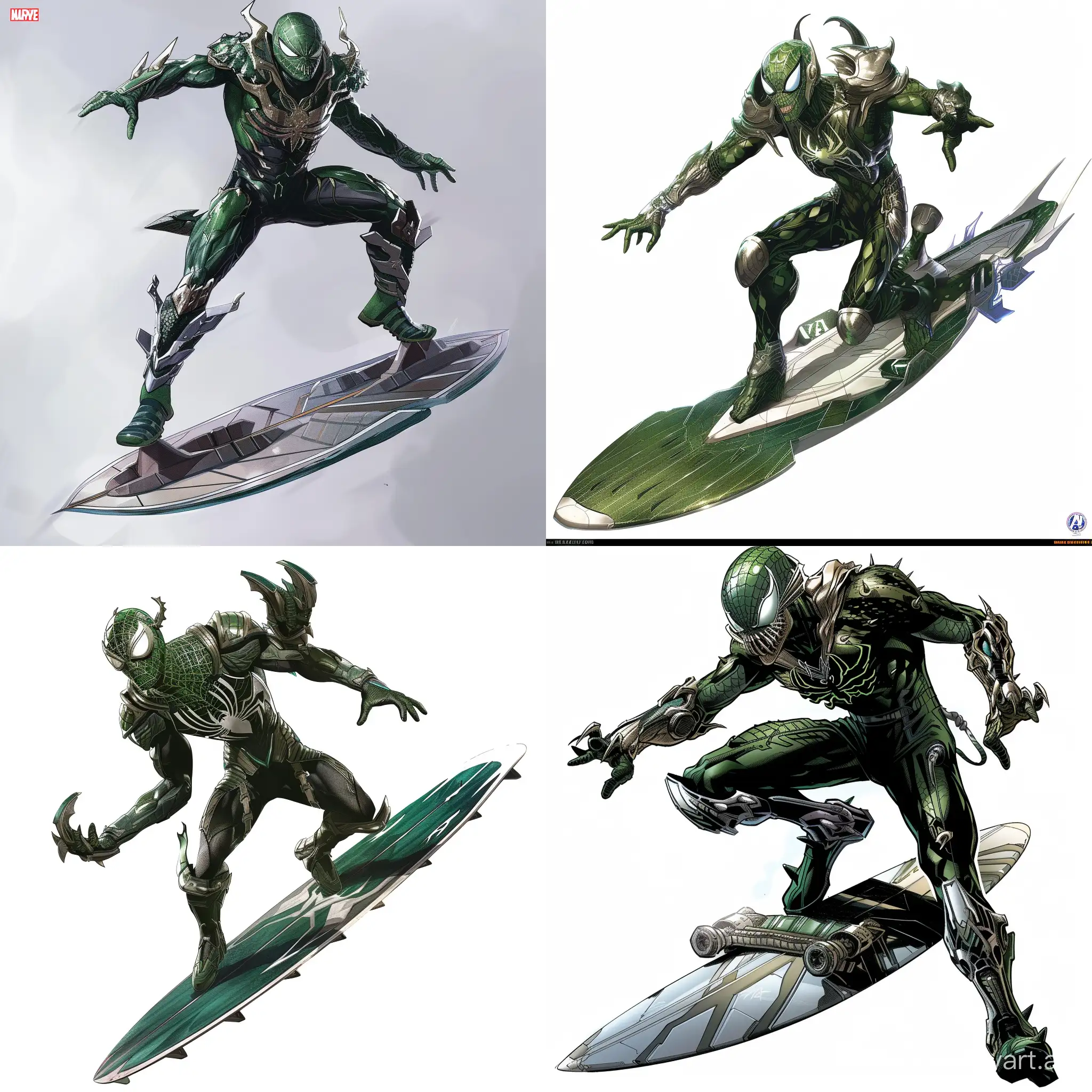 on a blank background, from Marvel, a variation of the Green Goblin on his glider. He has dark green, light green, and silver armor.  He rides on top of his glider like a surfboard in the air.

