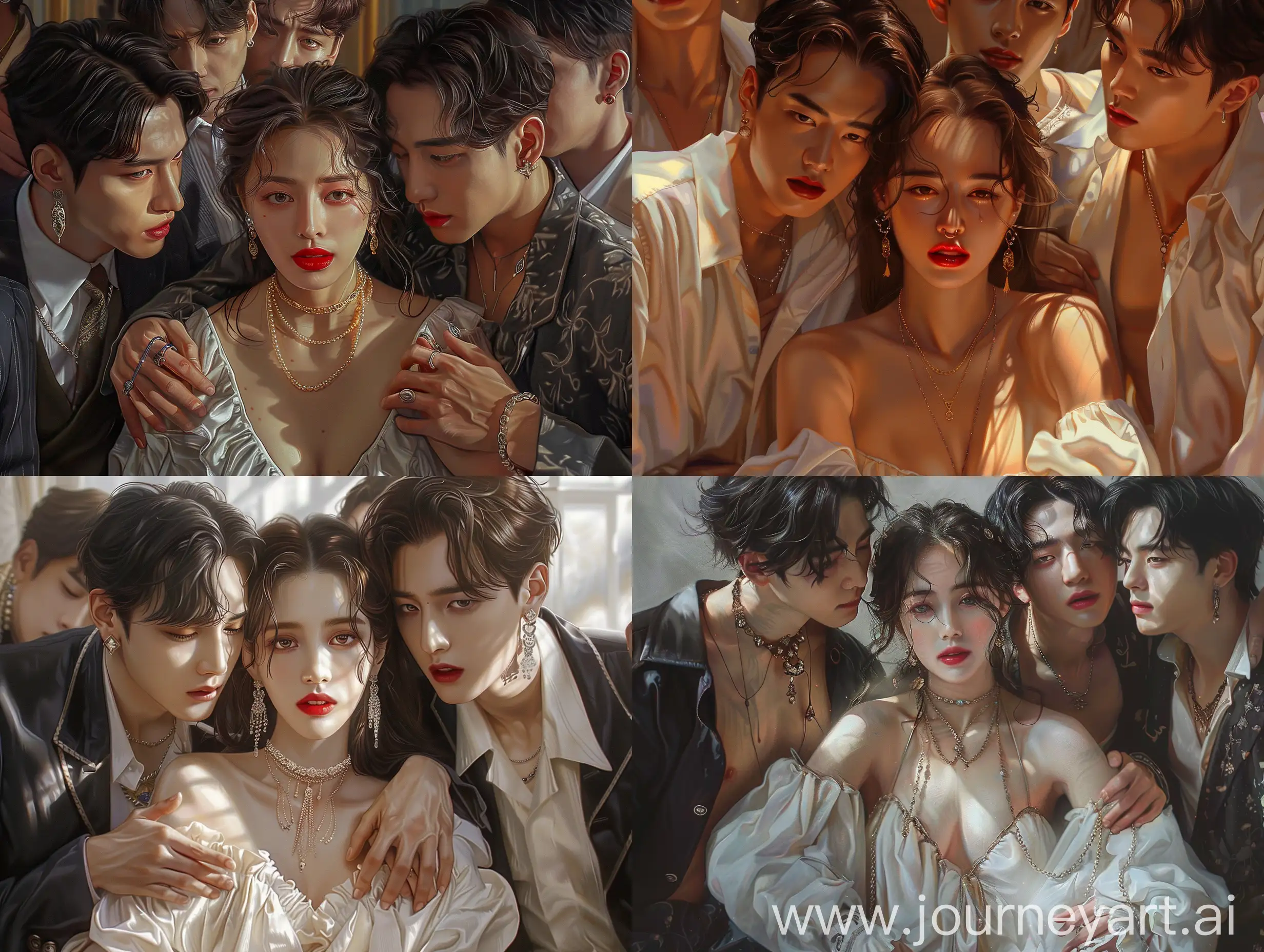 One woman and many men, three men, hugging each other from left to right. The woman sits in the middle and the man stands next to her. Rich family, domineering president, light and shadow changes, the highest quality, super 8K picture quality, the highest picture quality, beautiful eyes, clear, delicate rendering, sketch of red lips, Cai Xukun, Lee Soo Hyuk, necklace, sketch of red lips, exquisite facial features, rich details, Loving eyes, messy hair, necklace, ((clear)), realistic, ((artistic conception)), earrings, youthful look, long eyelashes, realistic, beautiful facial features, close-up portrait, ((illustration)),