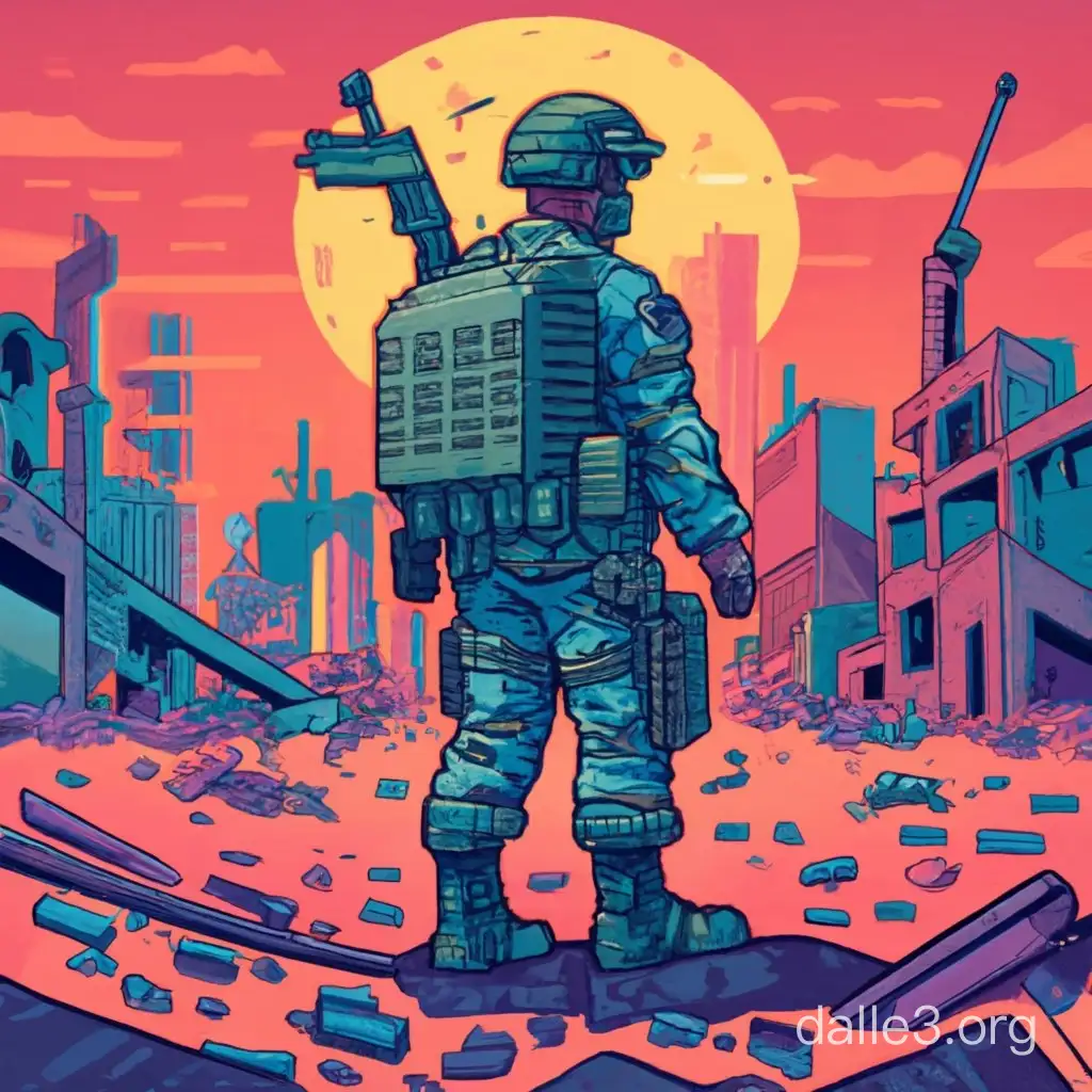 PostApocalyptic Pixel Art Soldier with Weapon in a Devastated City ...