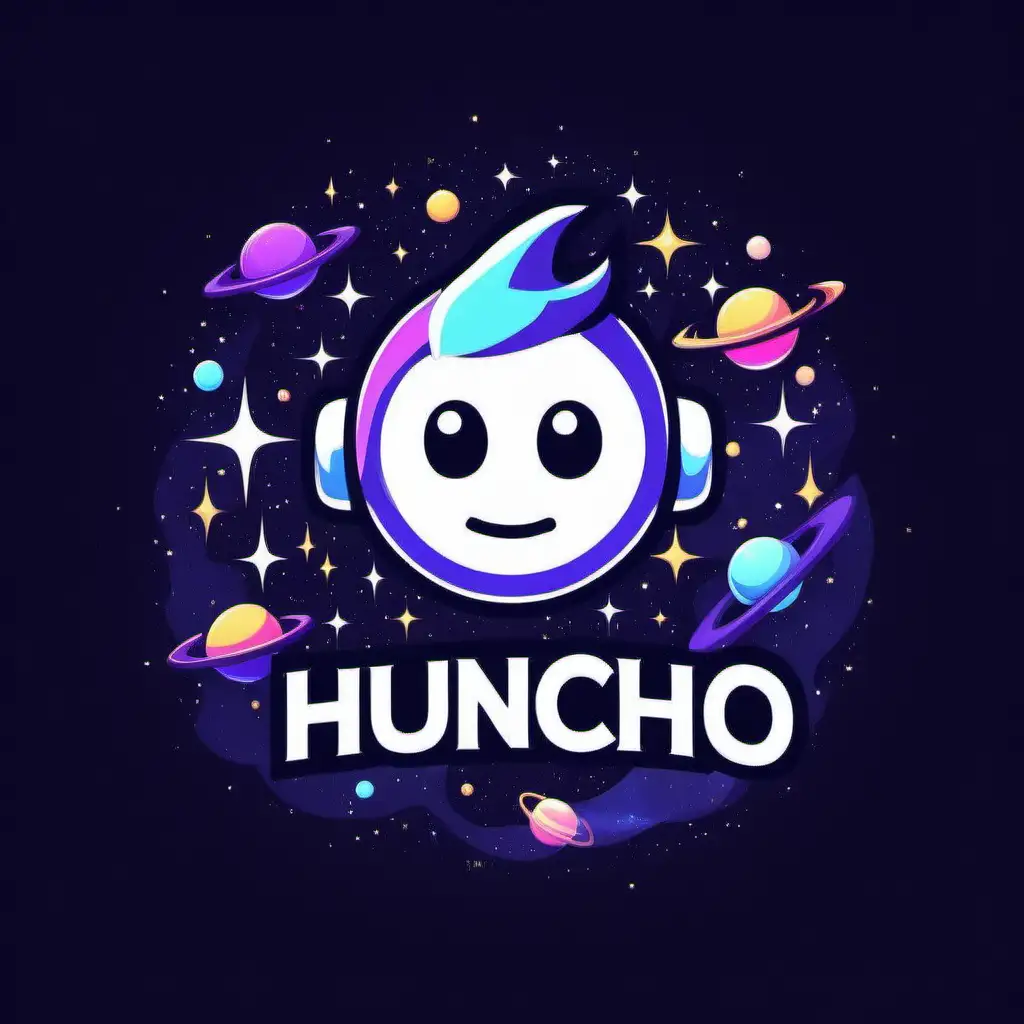 Make a logo for my discord profile picture using the words “Head Huncho”. Resemble and symbolize creativity, creation, POSITIVITY, uniqueness, HAPPINESS. Involve space. Involve the universe. SPACE. UNIVERSE. PLANETS. HAPPINESS. LOGO. DISCORD. 