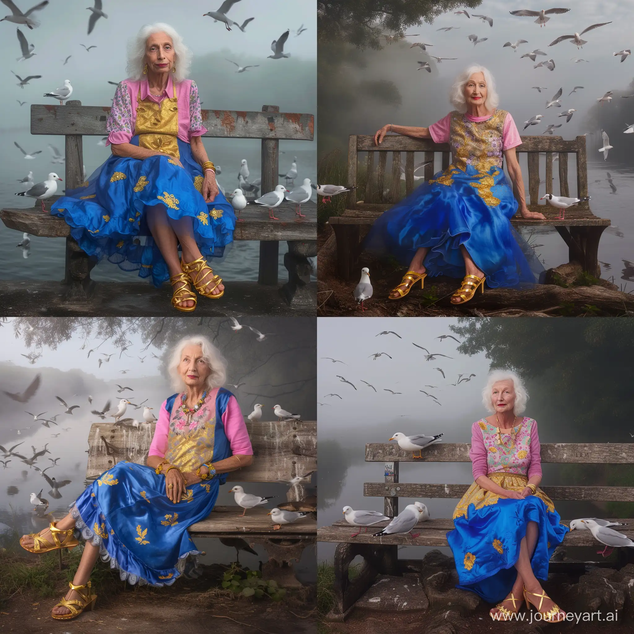  a 60 years old  women white hair      wearing a bleu dress whit gold and yellow    and a pinkshirt with flower printing and golden sandals she is si tting on a old wooden bench by a foggy river and a lot of seagulls flying around total body softlicht and contrast 50mm fuji xt4 fotorealistisch