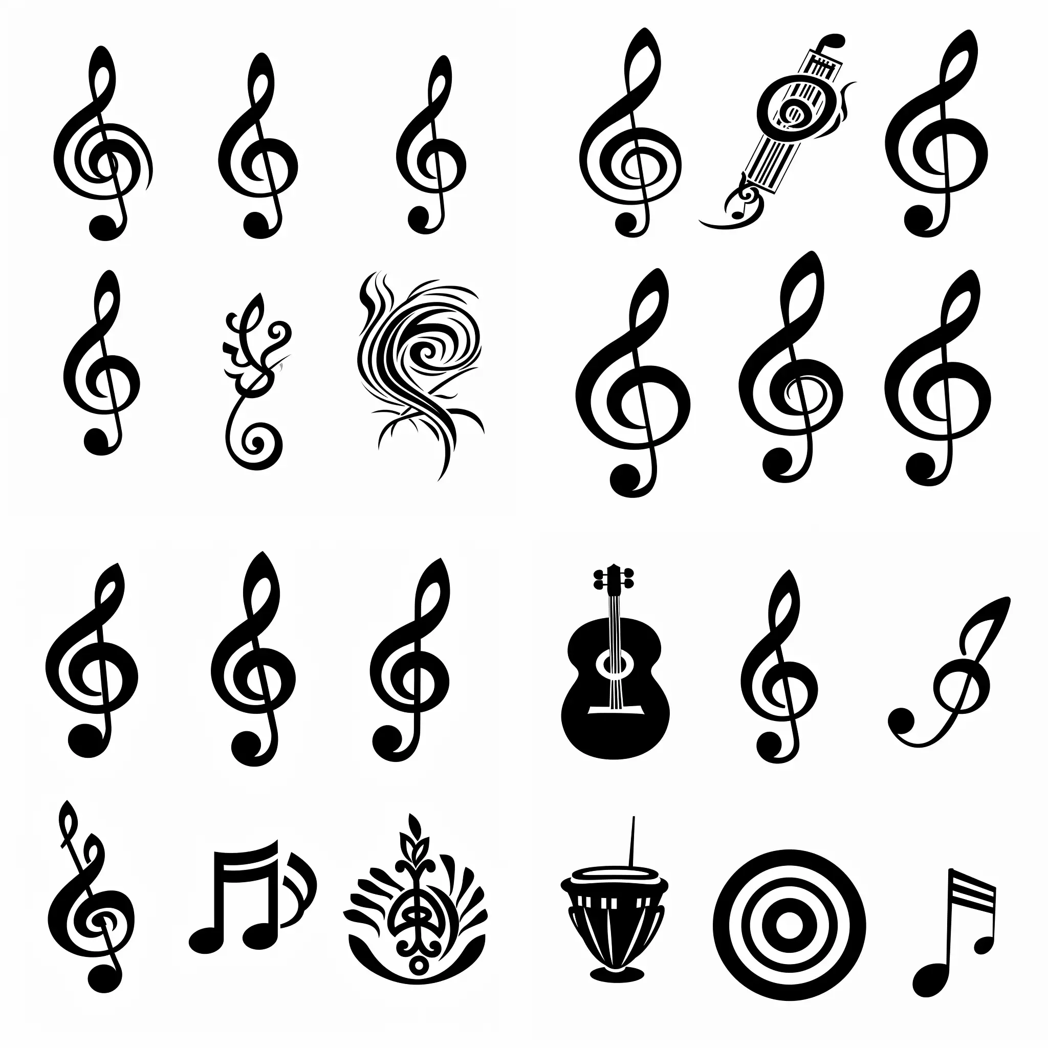 Five variants of music vector symbols, color black, on a white background