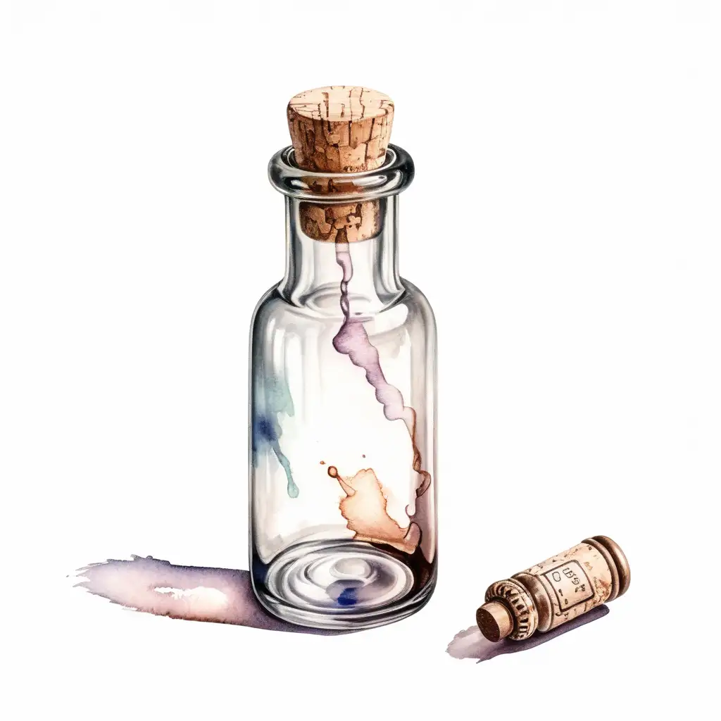 Vintage Glass Vial with Cork Stopper Dark Watercolor Drawing