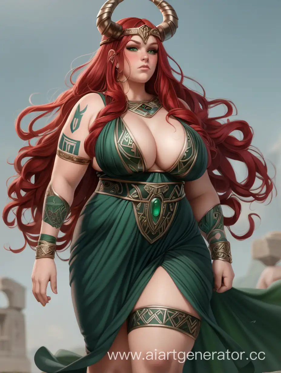 Roman Goddess, chubby body, Thick high thighs, big breasts, Long Red hair, black and green roman goddess dress, runic tattoos, horns, female character 