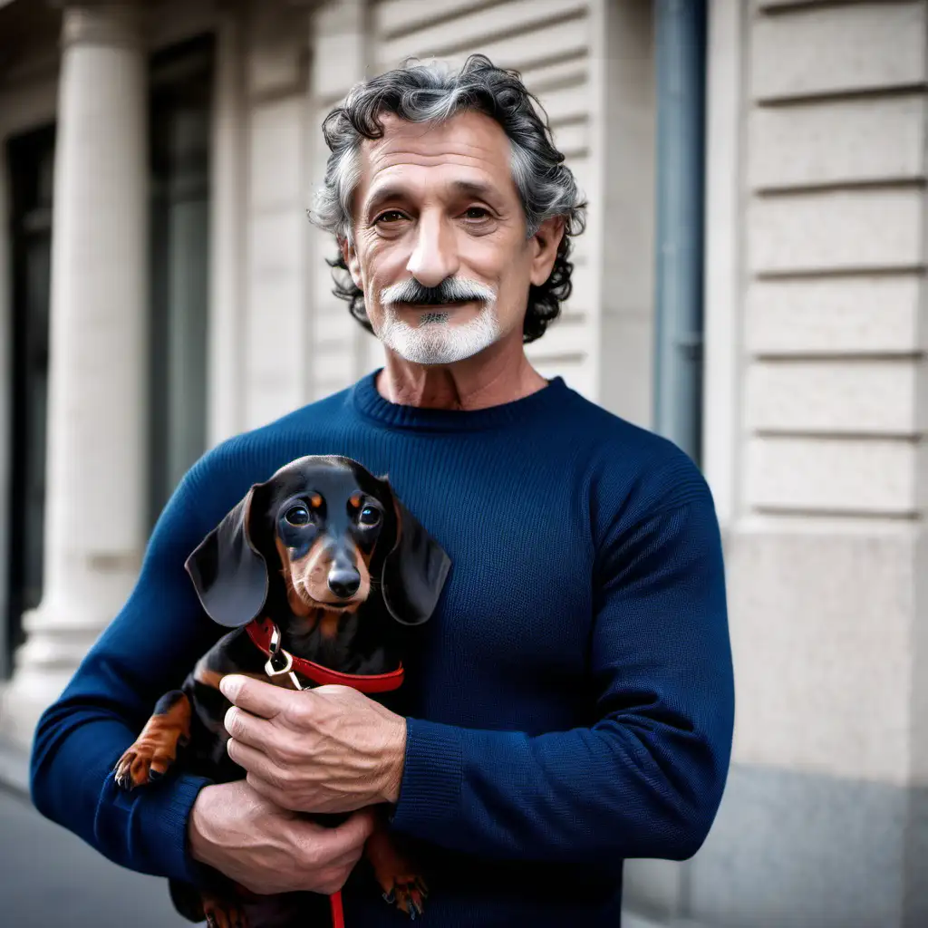 Handsome man and role model in his 60s, fit and healthy. Dark brown hair with gray streaks and a little curly in the neck, dark eyes, light brown skin. He has stubble and a slightly longer moustache. Trendy clothes in dark blue colors, long sweater that shows his muscles a little. He has a black cute dachshund puppy holding the dog in a red leather leash with gold details. The man is posing outside an art gallery in paris. 