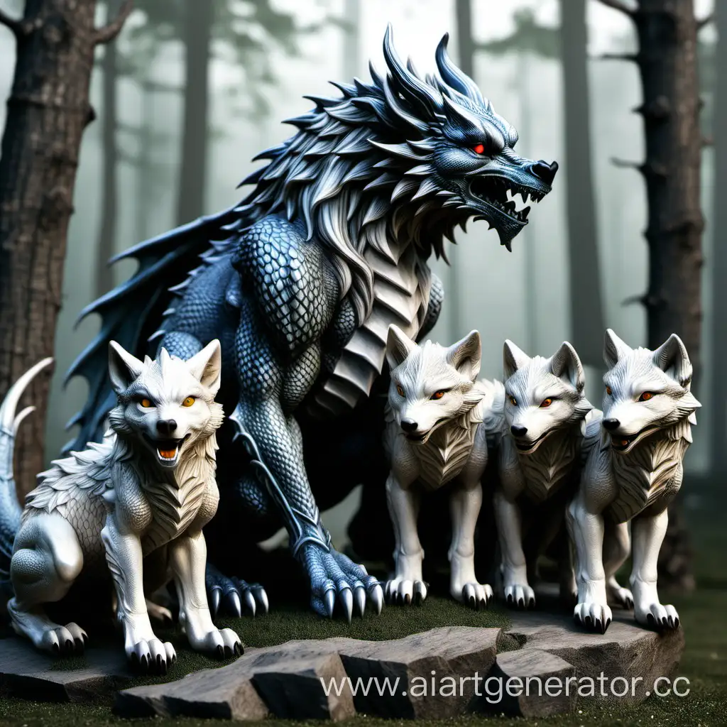 dragon and wolf with three wolf cubs