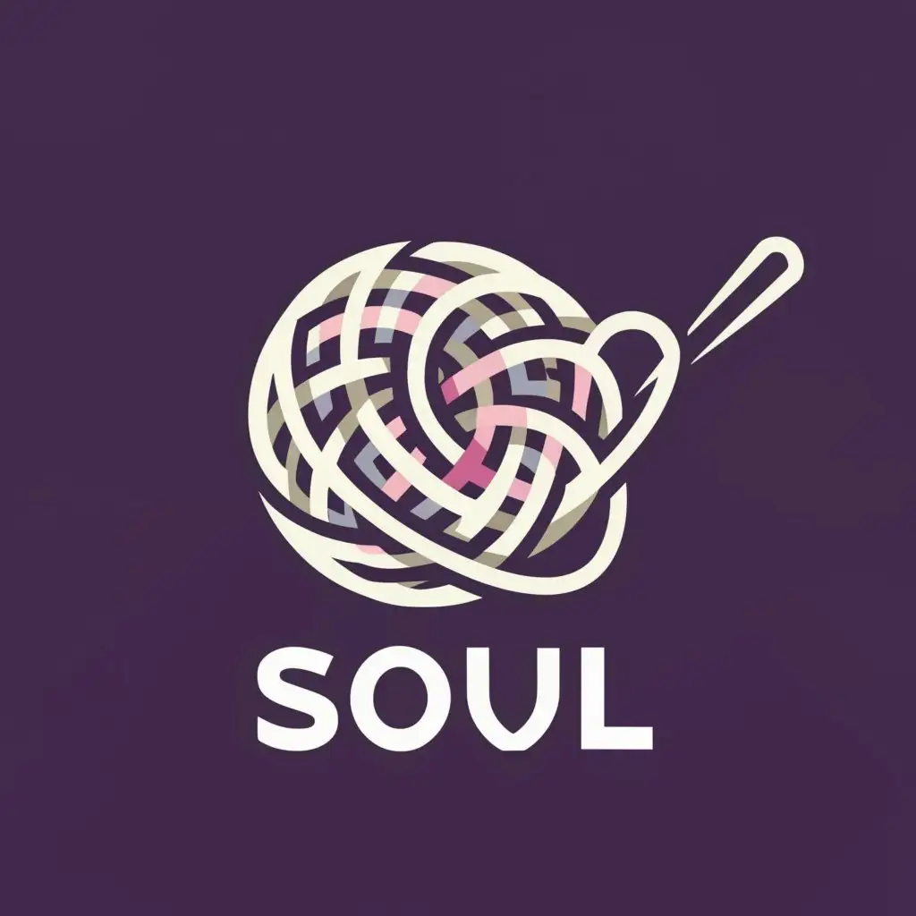 a logo design,with the text "Soul", main symbol:Create a logo for the brand 'Soul' specializing in crochet products such as blouses, toys, and bags. The main symbol should feature a crochet ball with a crochet sewing needle. The brand's colors should blend white with either pink or blue with violet.,Moderate,be used in Internet industry,clear background