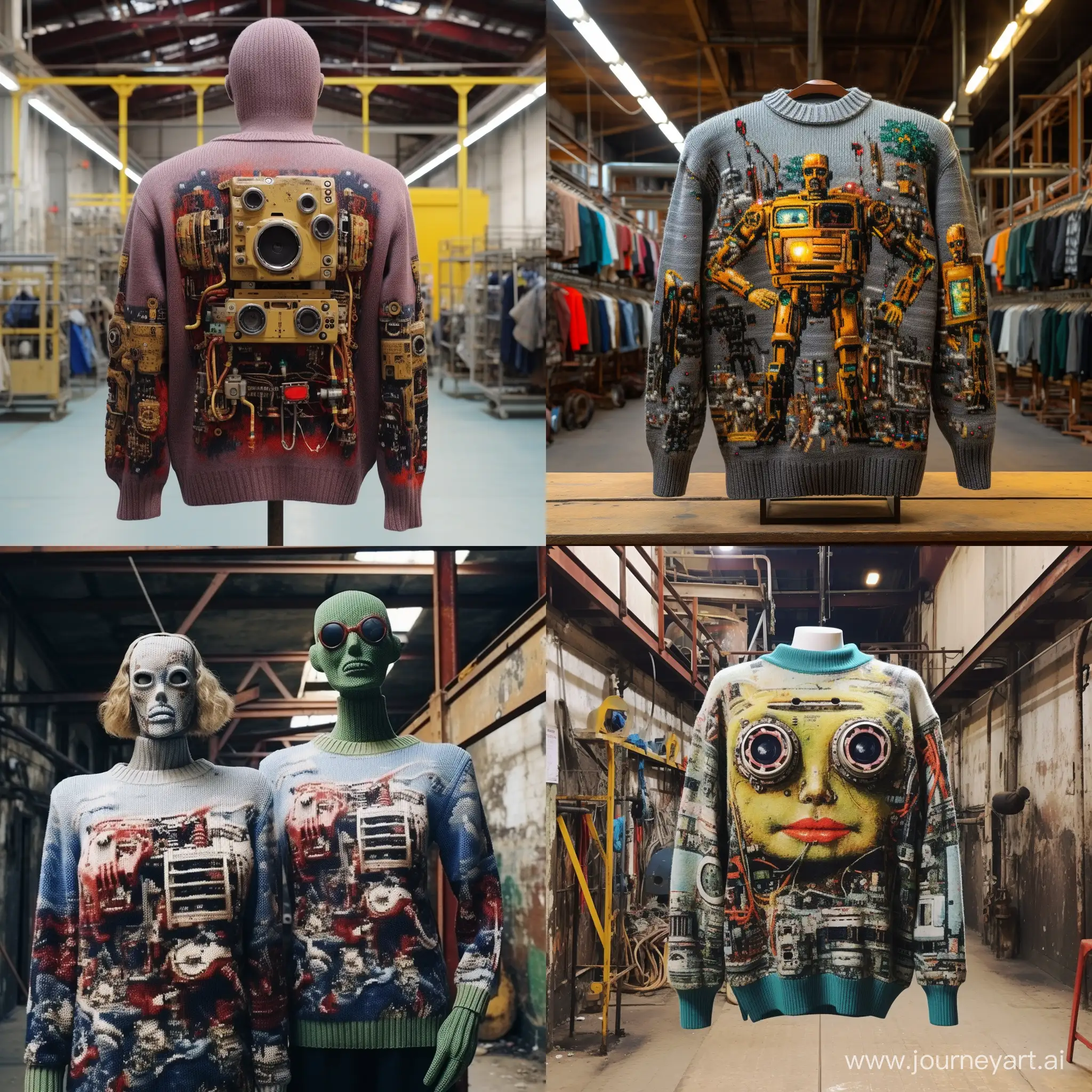 A photo of an oversize knitted sweater with a flat image on the sweater, hyper realistic robots working in a warehouse, the image is knitted from threads, 80s punk style
