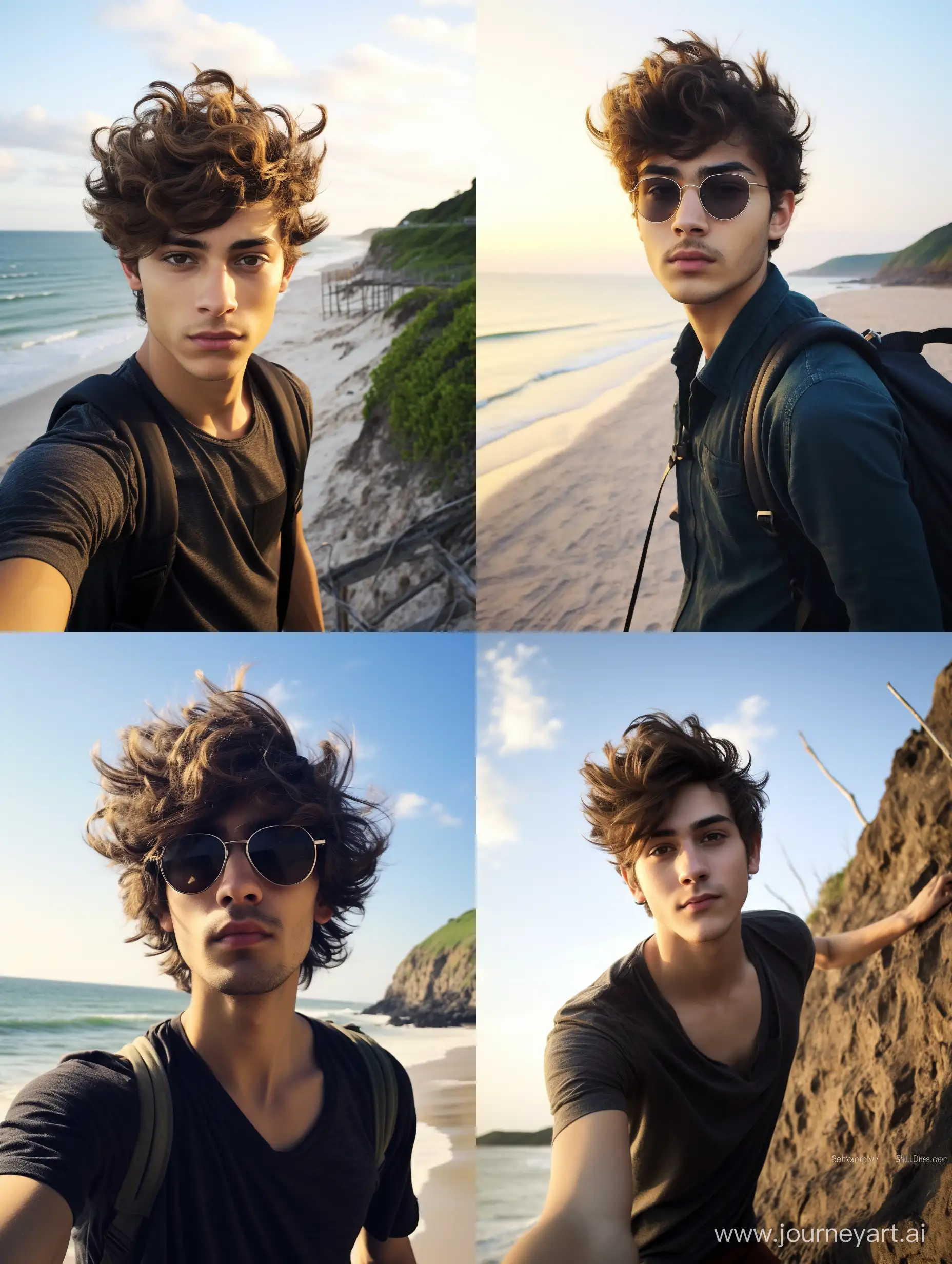 brazilian 20-year-old man, taking a selfie at the beach, --s 750