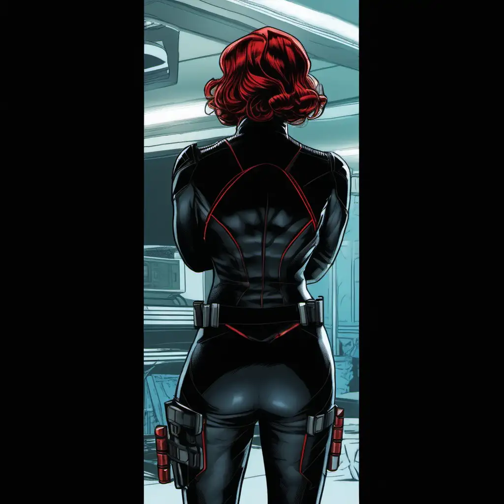 Black widow in Marvel comic style from behind if she had a black and red suit with red stitching extra detailed 