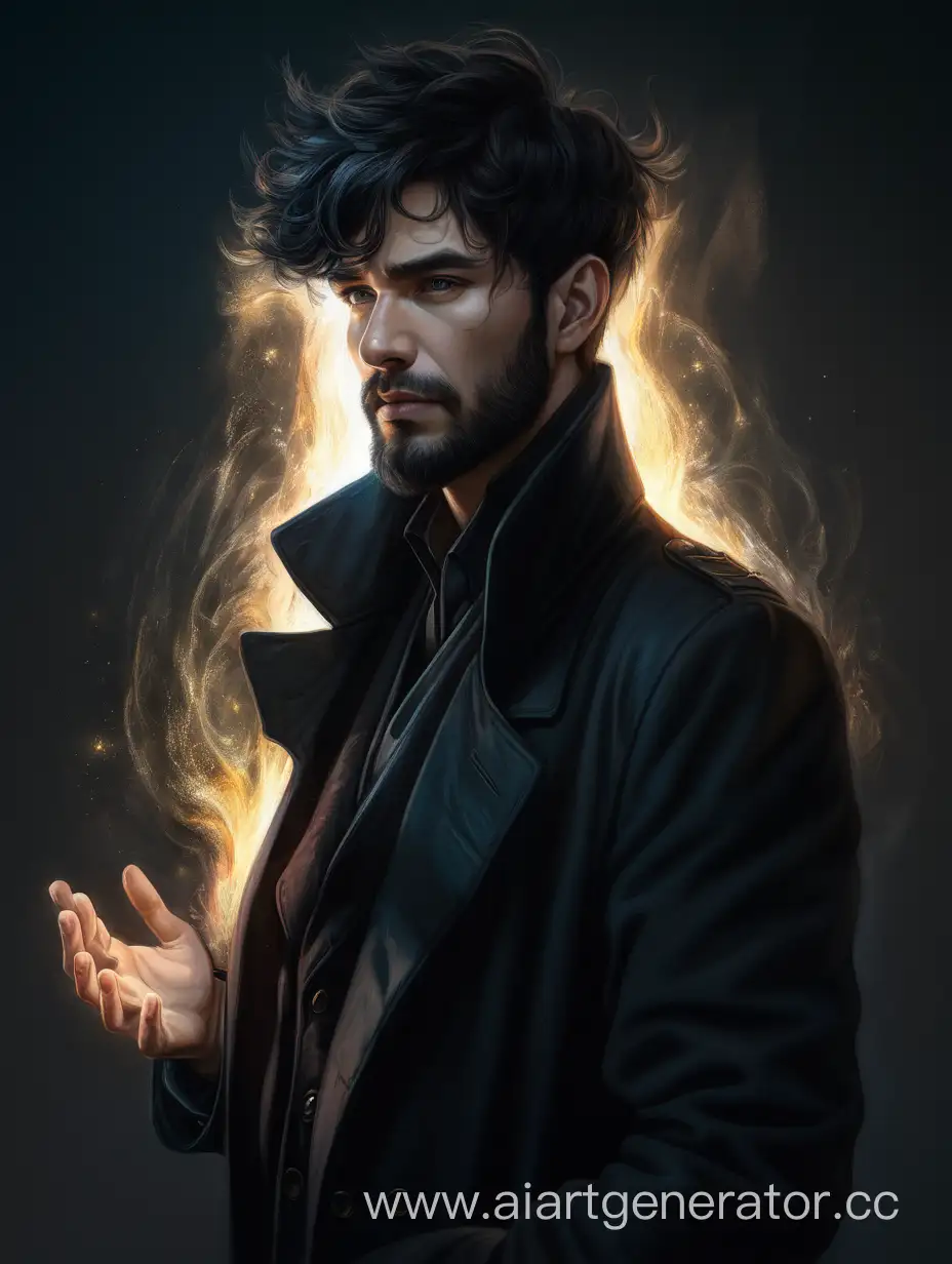 Мужчина с короткой стрижкой, растрепанными волосами чёрного цвета. Короткая борода. Пальто чёрно. Мистик. В руках магический свет.