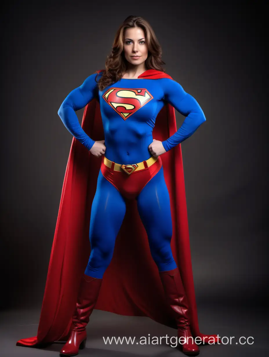 A pretty woman with brown hair, age 27. She is confident and strong. (She is very muscular). She is wearing a Superman costume with blue leggings, long sleeves, red briefs, red boots, and a long flowing cape. She is posed like a superhero, strong and powerful.
Bright photo studio.