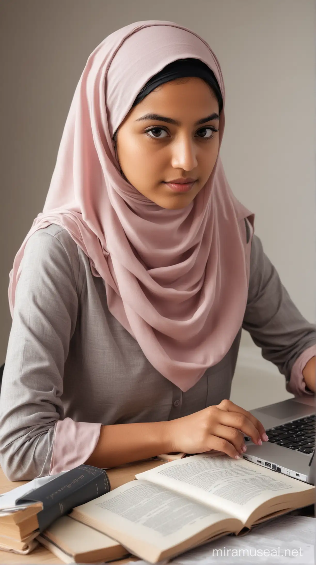 A young Muslim girl studying diligently with books and a laptop, highlighting the importance of education for women in Islam.