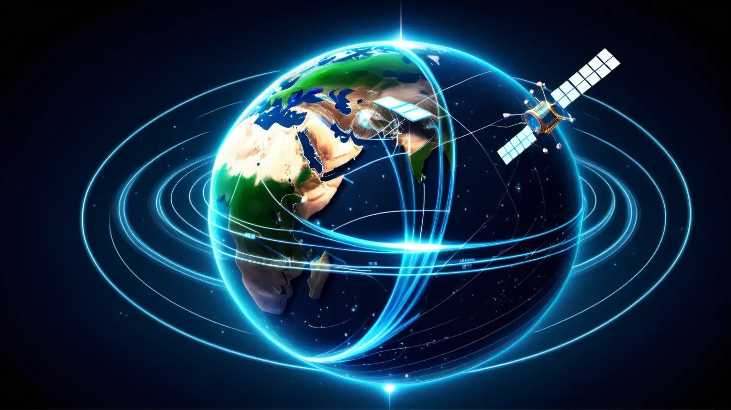 telecom communication satellite orbiting around the globe earth with futuristic technology datum hologram information for online and internet connection and gps space orbit services banner 