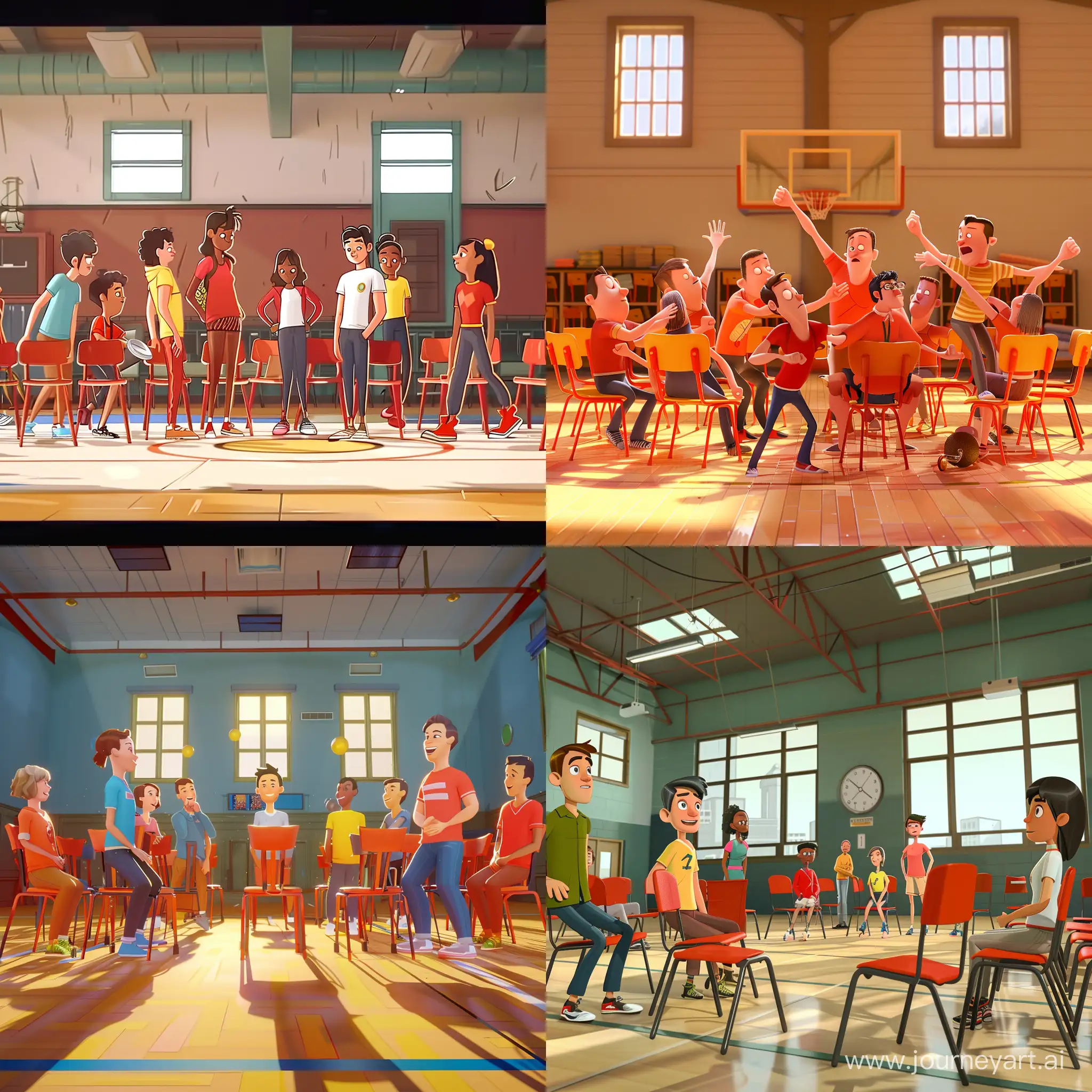 une équipe, dans un gymnaze, qui fait une chaise musicale, dessin animée