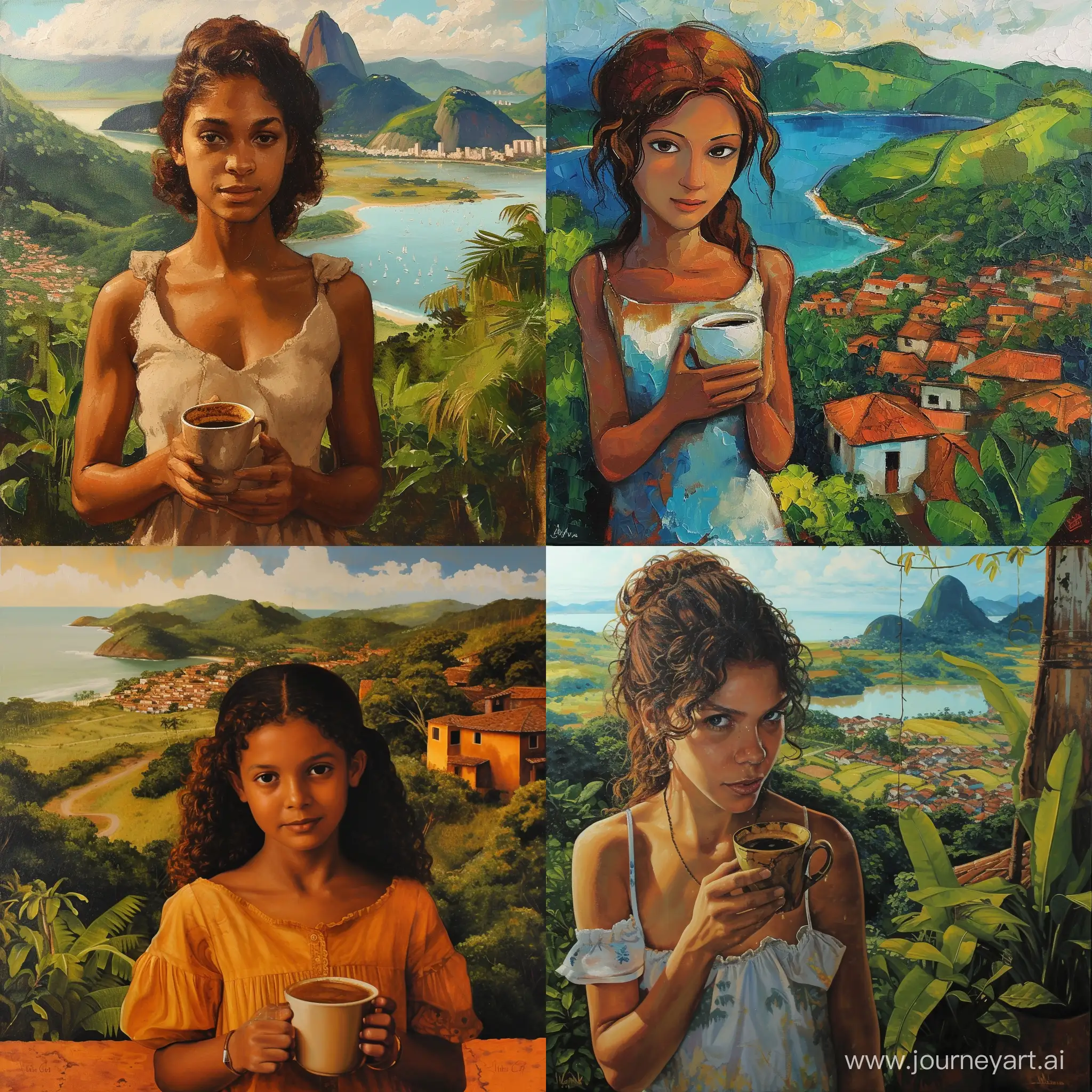 картина маслом, на переднем плане девушка бразильянка держит чашку кофе, на заднем плане пейзаж бразилии