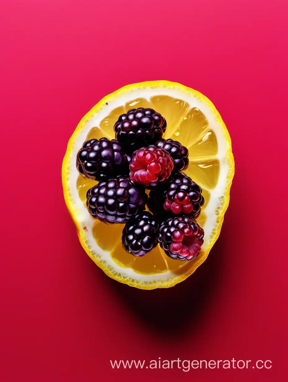 Vibrant-Boysenberry-with-Lemon-Slices-Refreshing-Water-Droplets-on-Red-Background