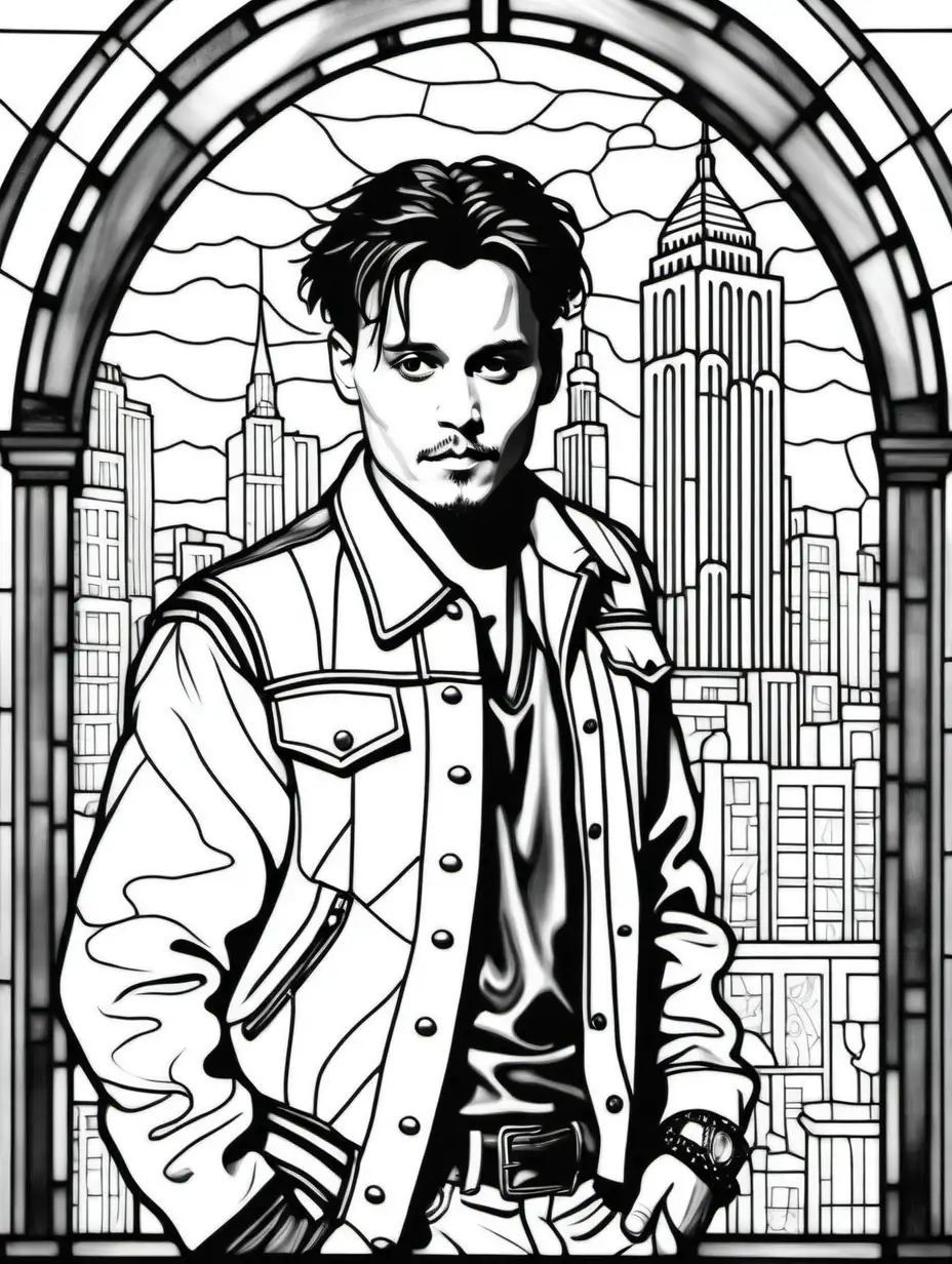 adult coloring page, clean black and white, white background, young Johnny Depp in 21 Jump Street, stained glass with city theme
