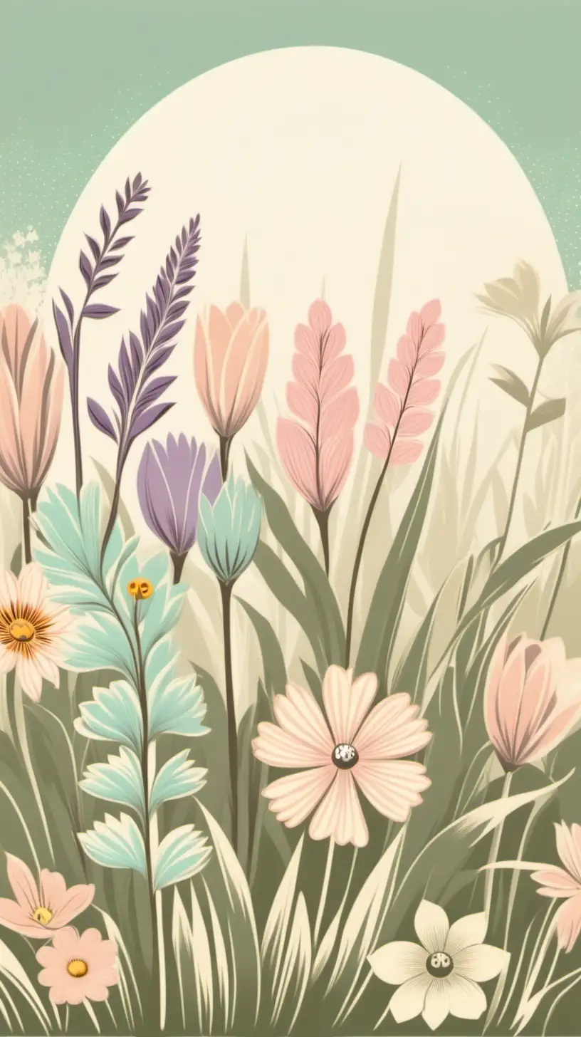 vintage spring field flowers, pastel colors, design for poster,art deco style