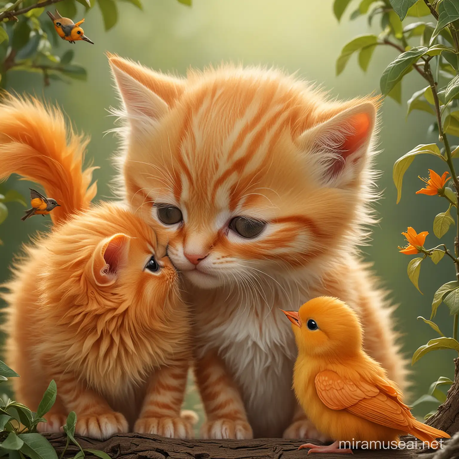 Intricate details, image of a small cute little orange kitten whispering to a cute little orange bird