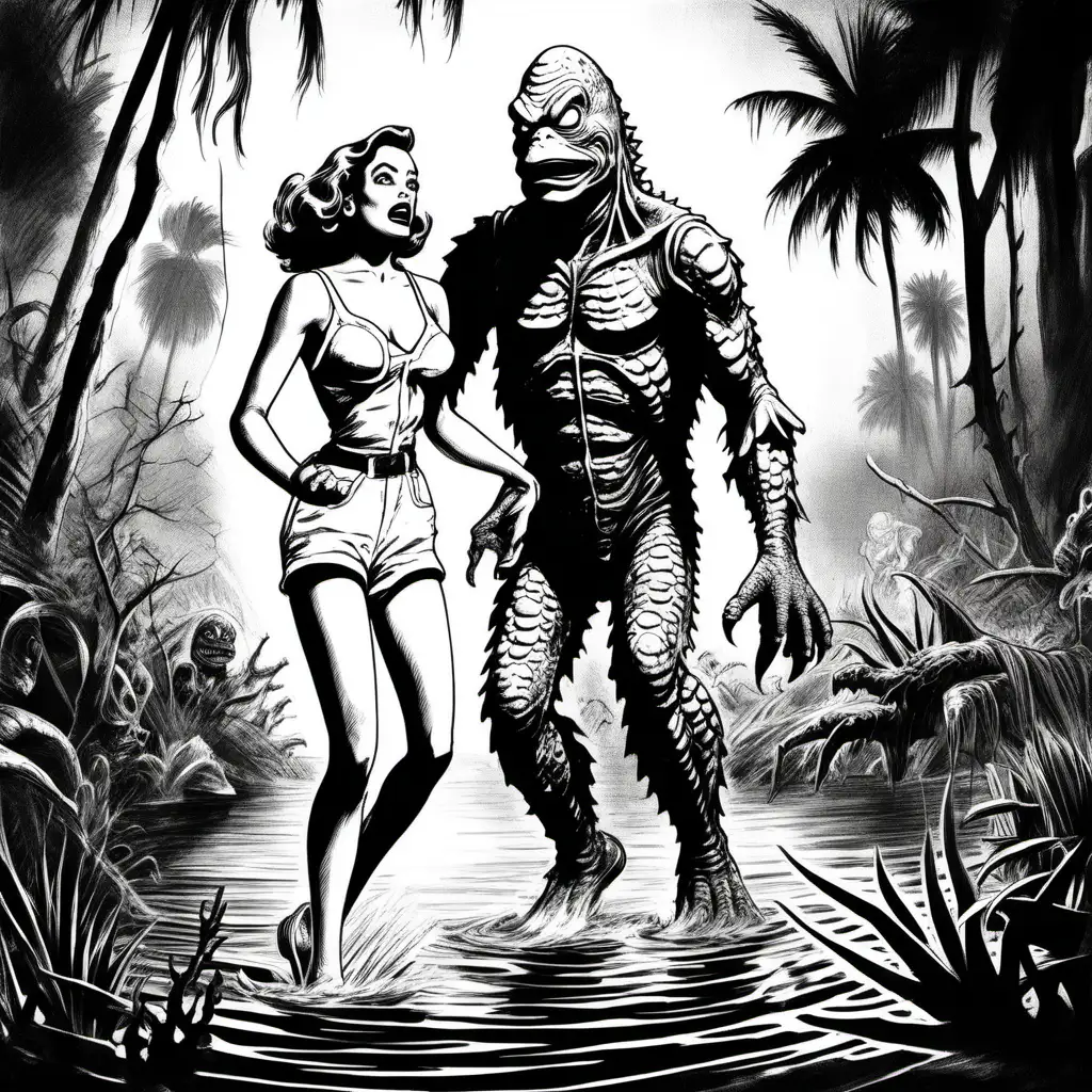 Vintage Black and White Drawing Creature from the Black Lagoon Carrying Frightened Woman in White Shorts