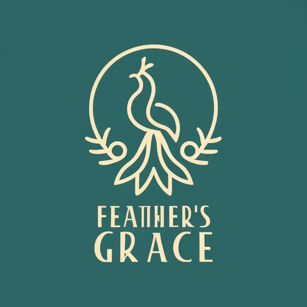 logo, stylish and elegant peacock, with the text "Feathers of Grace", typography