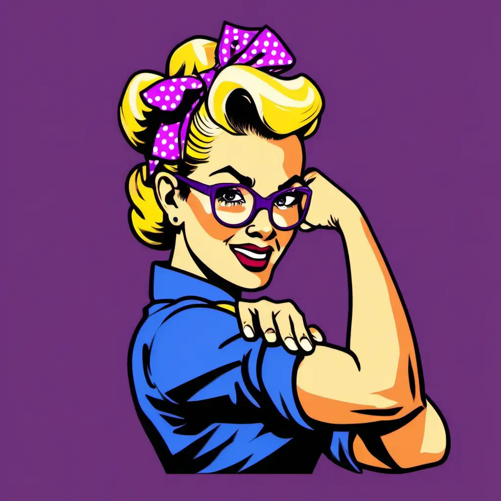 Empowered Blonde Rosie the Riveter with Glasses on Solid Purple Background