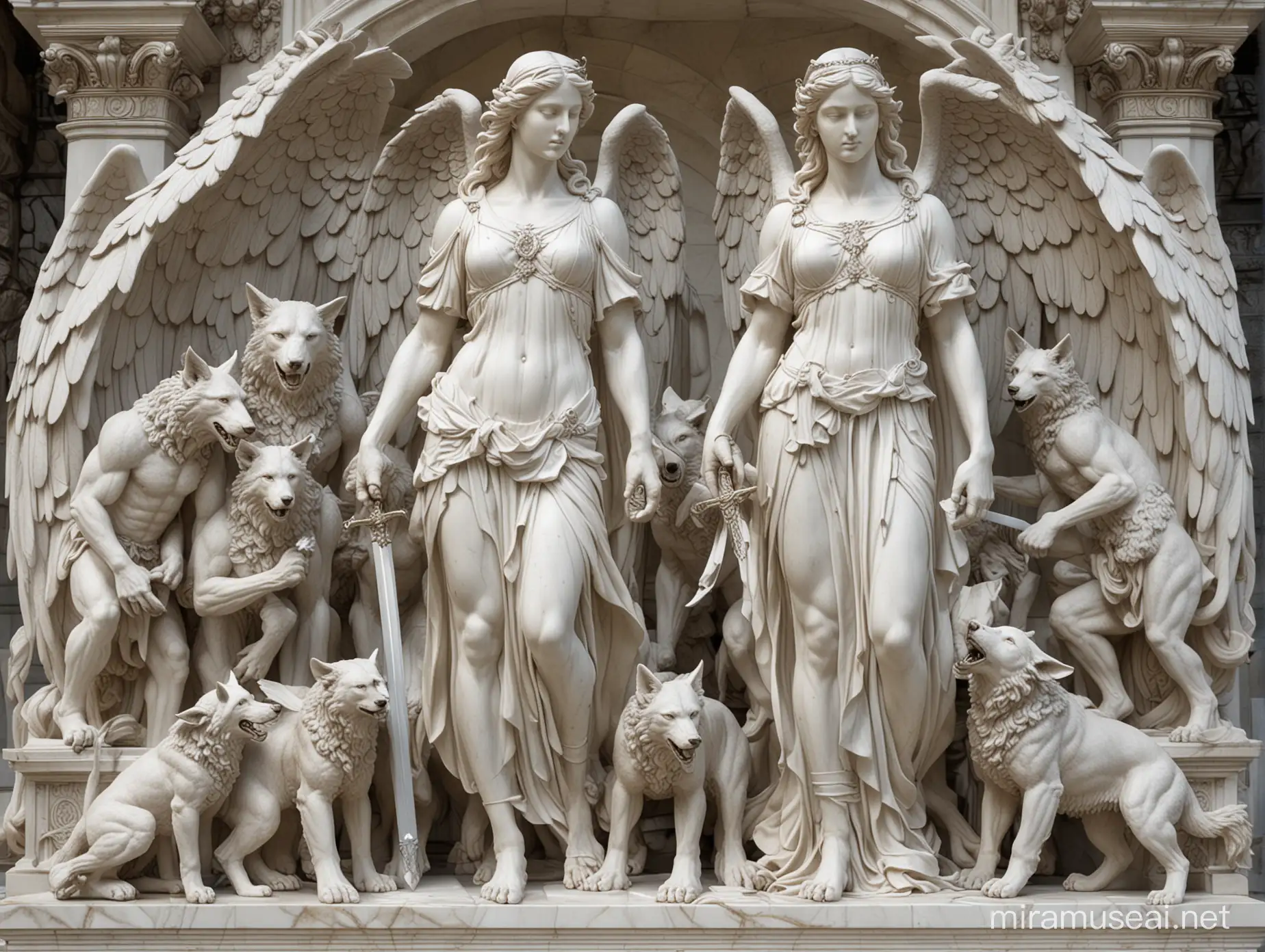 Marble Sculpture of an Angel Defending Against Werewolves with a Sword