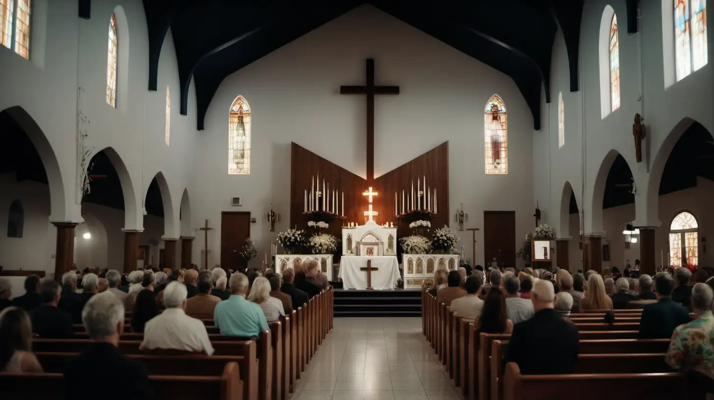 Cinematic Church Altar Scene with Congregation