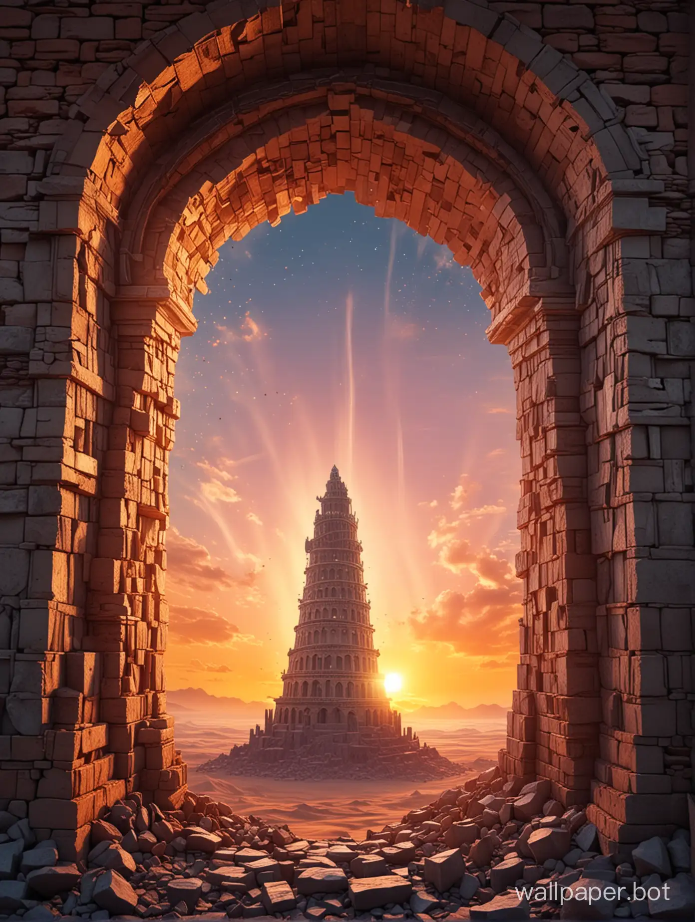 SciFi-Tower-of-Babel-Silhouetted-Against-a-Sunset-Sky