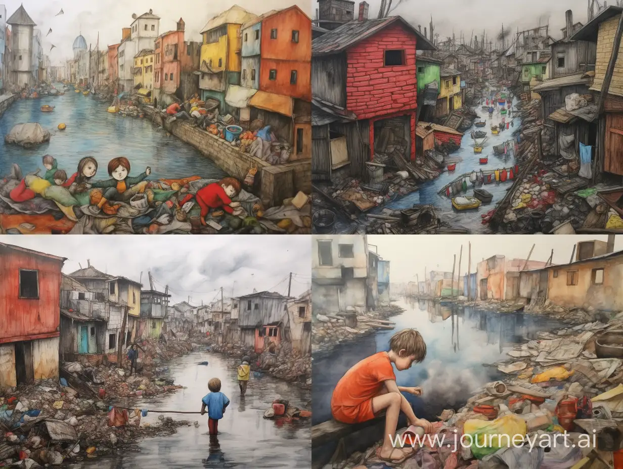 раскрашенный рисунок карандашами, российский город тонет в мусоре, детский рисунок