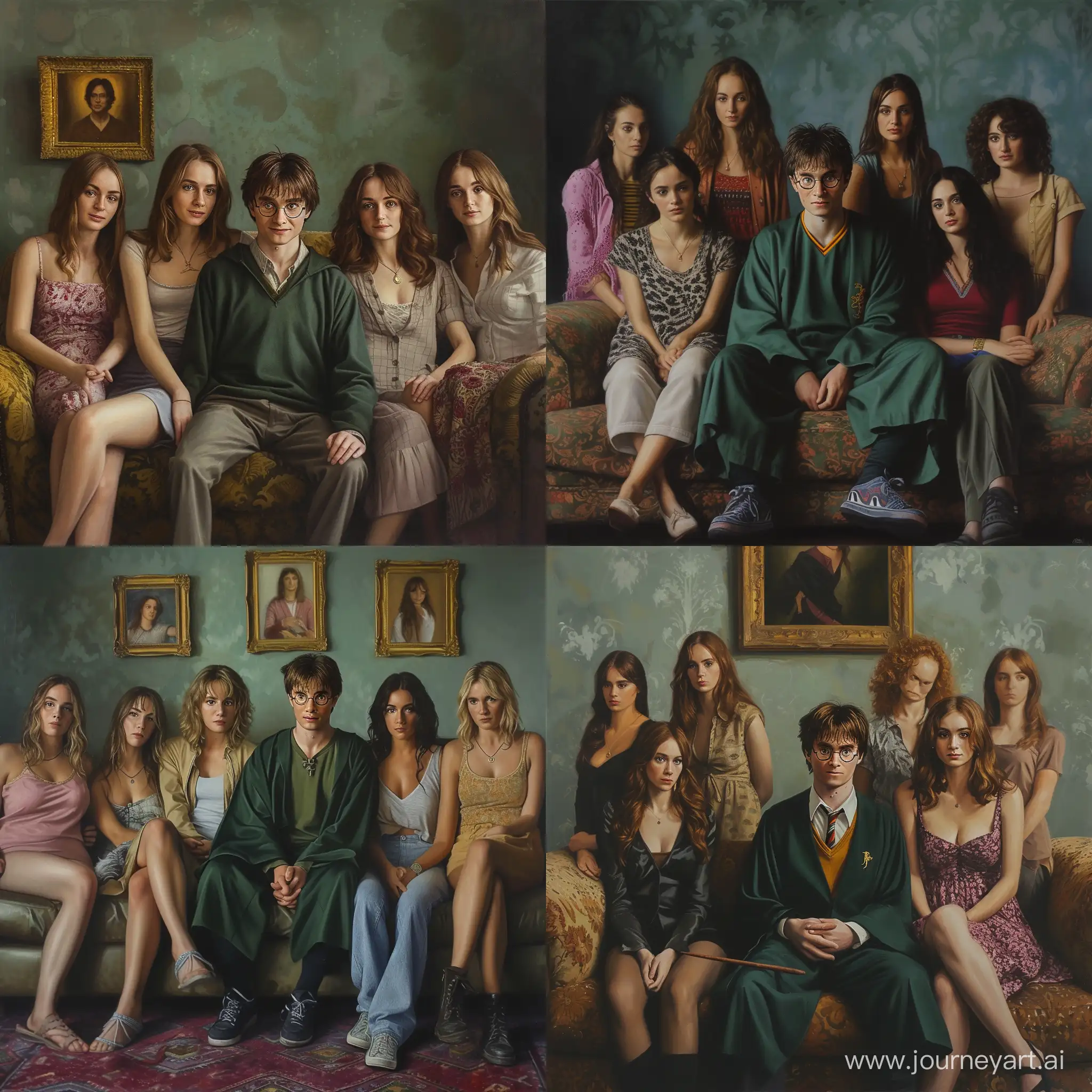 зелёный Гарри Поттер сидит на диване, рядом пять женщин, реализм