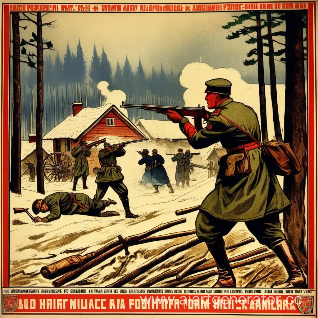Плакат 1917г. посвященный гражданской войне, где солдат красной армии стреляет в крестьянина  возле обычного деревенского дома, который возле леса