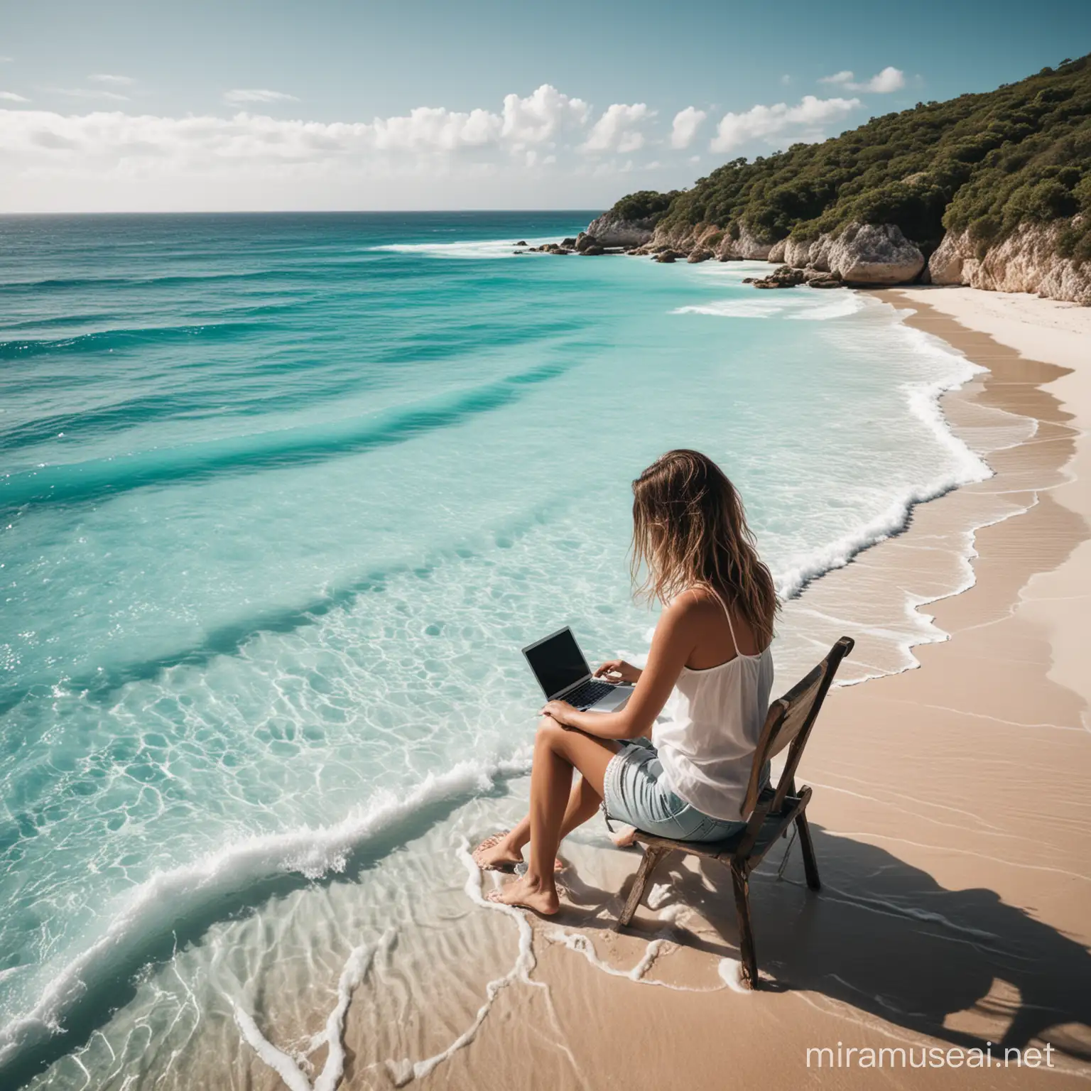 An ultra high quality photograph image of a woman looking over the ocean, working on her laptop on a beach with beautiful turquoise water