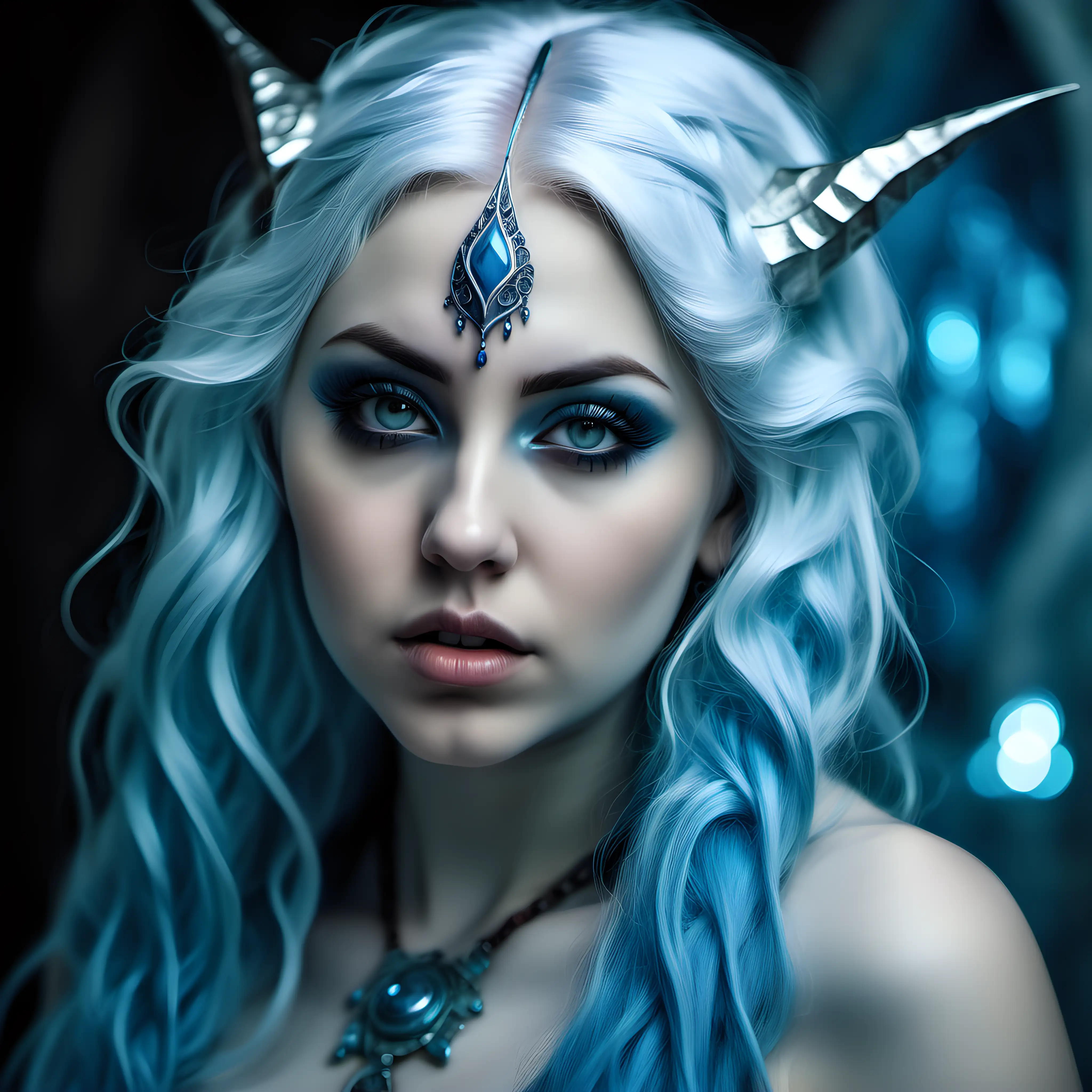 Beautiful voluptuous female ice djinn, age 27 years, pale white skin, pointy ears, long blue hair, contemplative expression that reflects longing, fantasy style, closeup portrait, photography