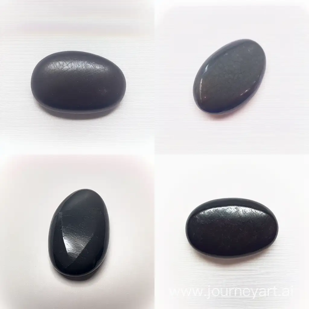One piece cabochon stone solid, oval shape, dark black color, matte texture, solid, slightly elongated horizontally, polished cabochon, medium size, on a white background, view of the stone from above, on a light background

