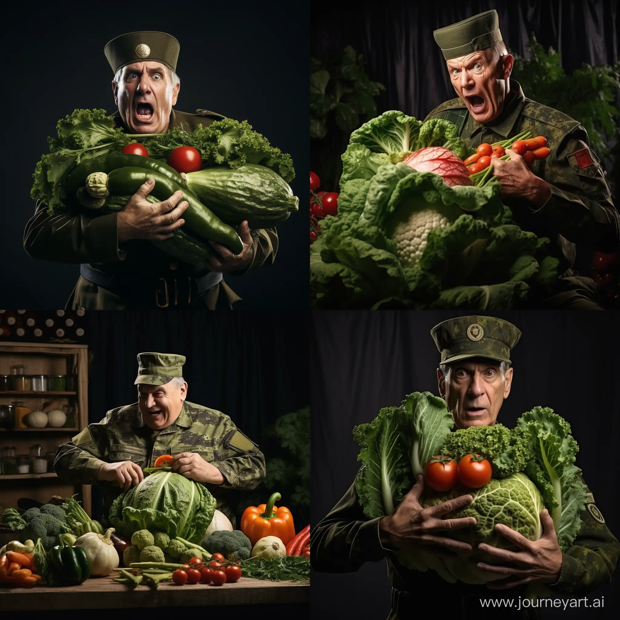 мужчина в военной форме старшего лейтенанта  сражается с большими живыми овощами