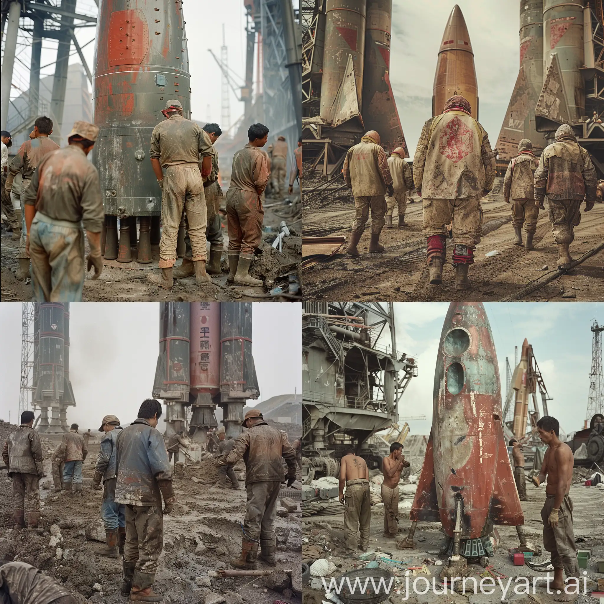 一个火箭发射站里，几个工人正在辛苦地劳动，他们的衣服很破旧，照片风格