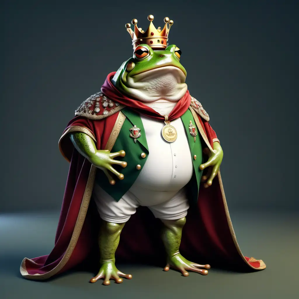 реалистичная  полненькая лягушка мужского пола король в королевской мантии королевском желете с медалью с короной  в  полный рост
