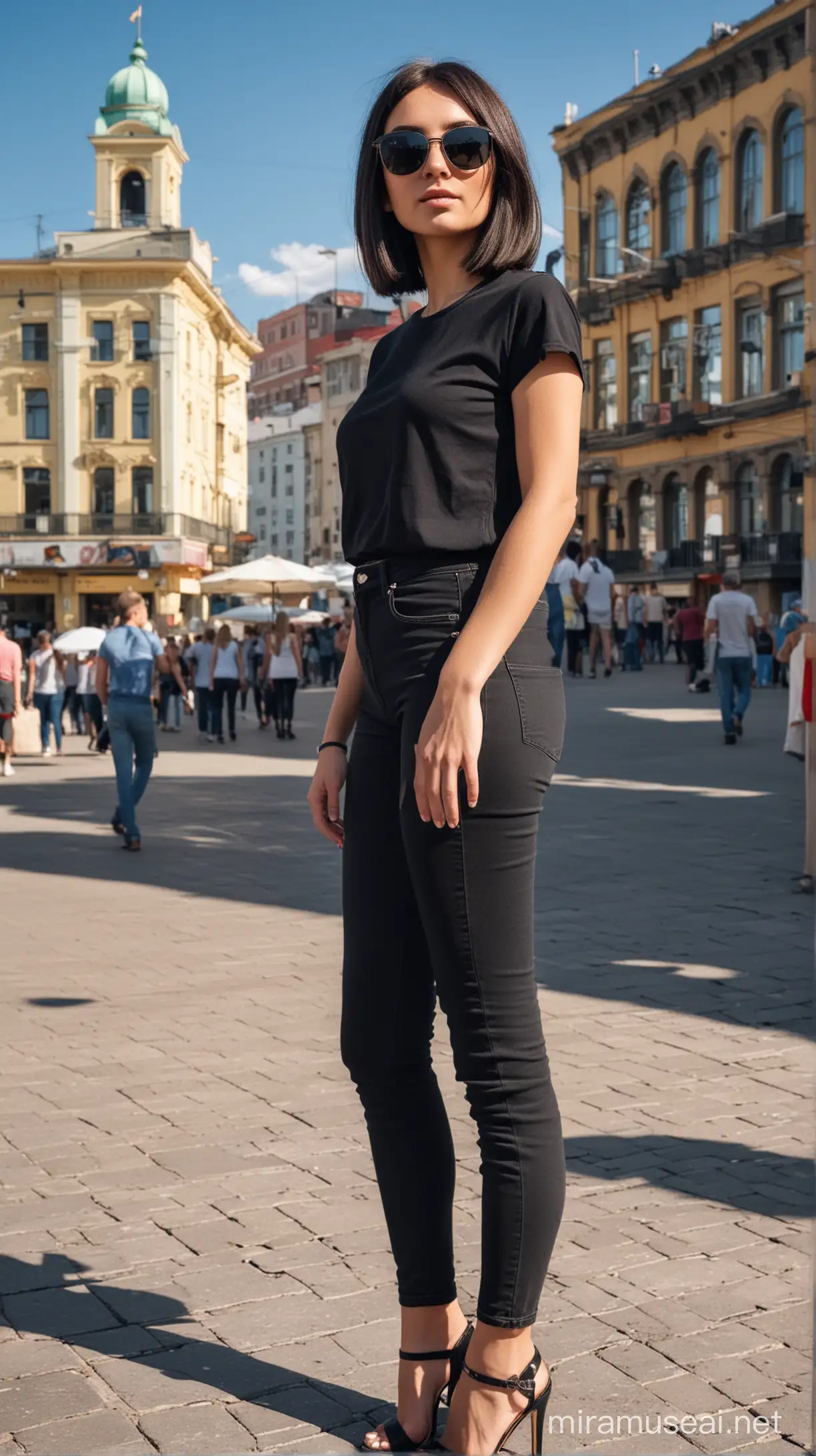 Худощавая черноволосая женщина со стрижкой "каре" в черных джинсах и черной майке и зеркальных очках стоит на фоне центральной площади Воркуты в июльский полдень.