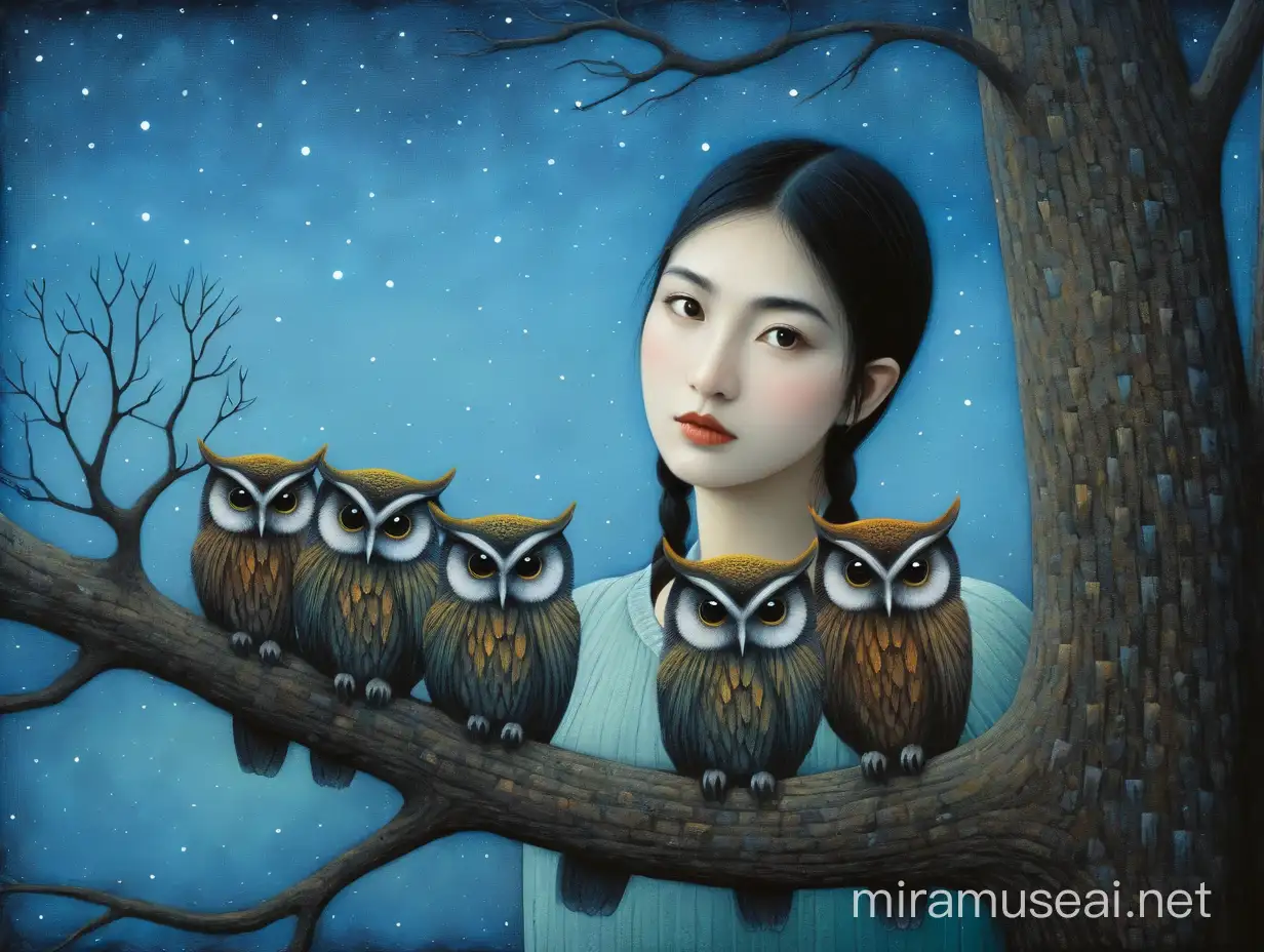 Enchanting Girl Surrounded by Owls Inspired by Andy Kehoes Style
