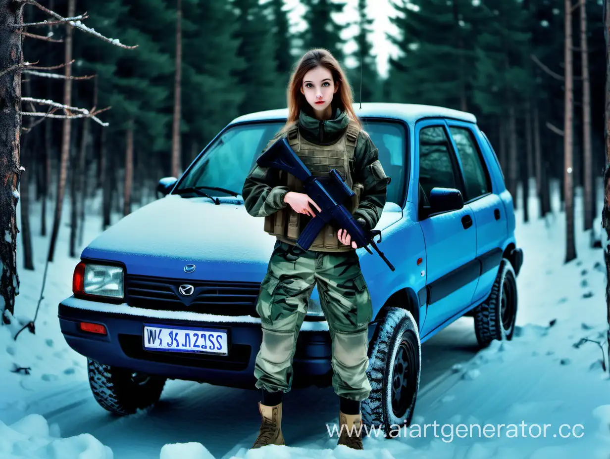 Nighttime-Military-Encounter-in-Vintage-Blue-Mazda-Amidst-Russian-Winter-Forest