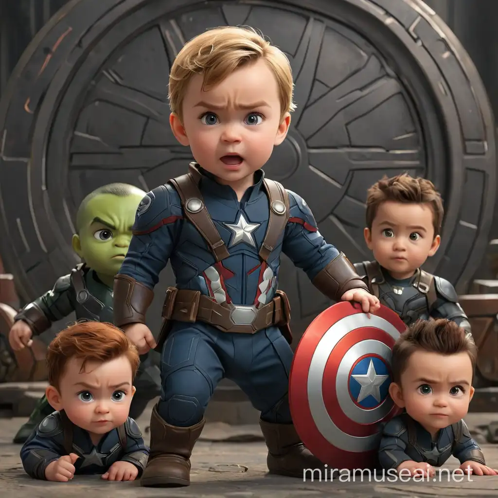 Adorable Baby Avengers Strike a Pose with Captain America Shield Background