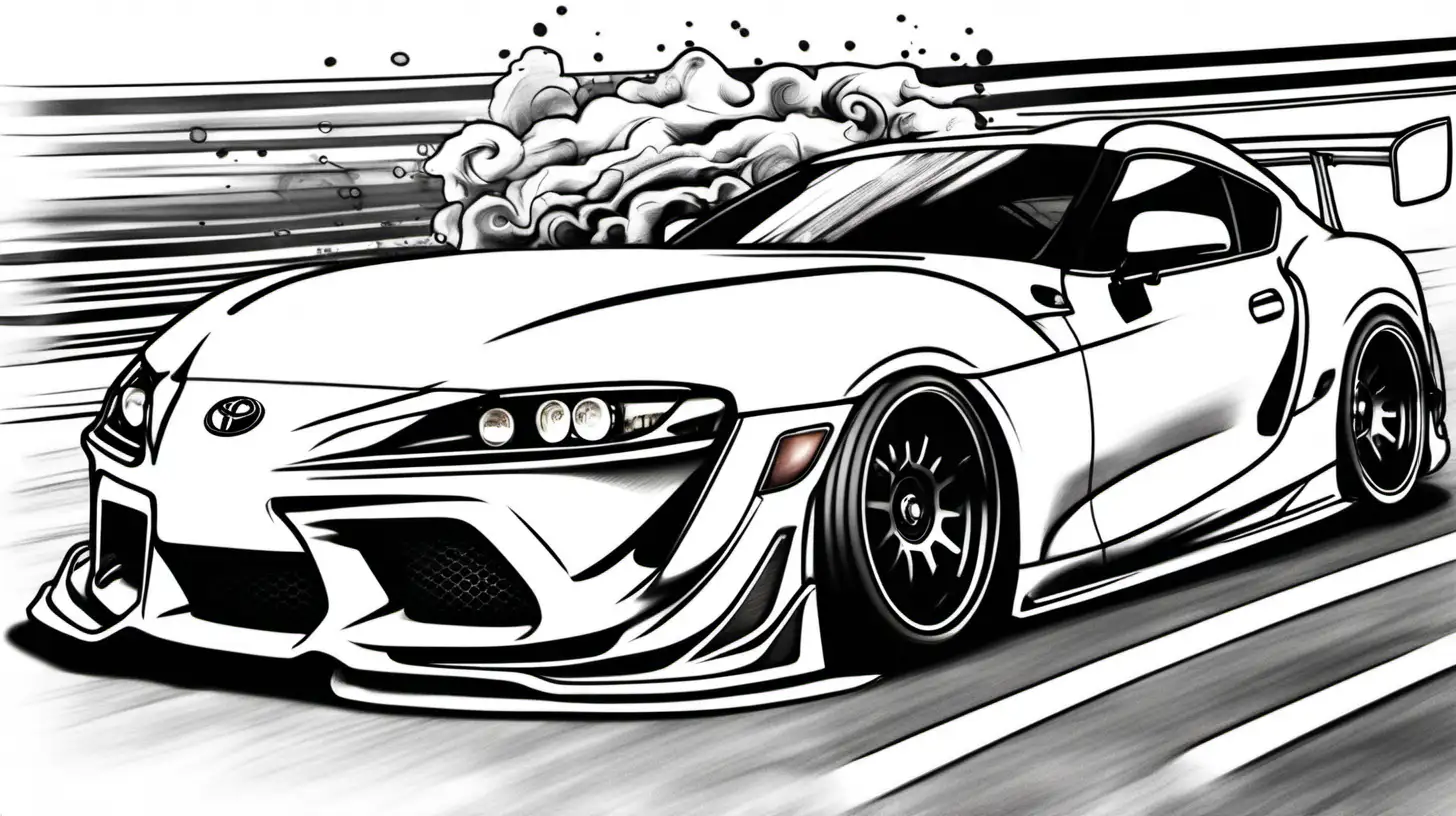a toyota supra, drifting spec, drifting at a car meet, colouring page style.