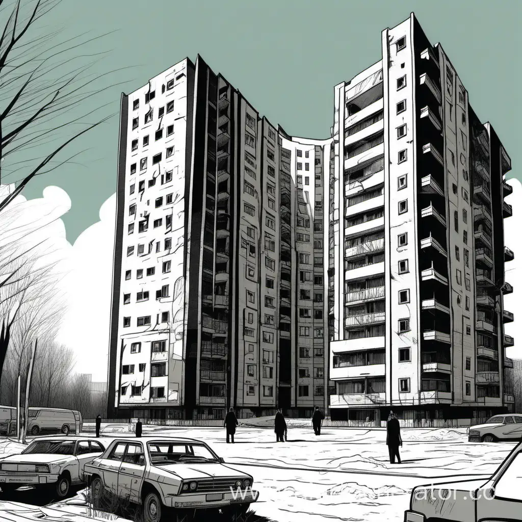 Noir-Comic-Style-Rendering-of-Reliable-on-Proletarka-Residential-Complex-in-Tula