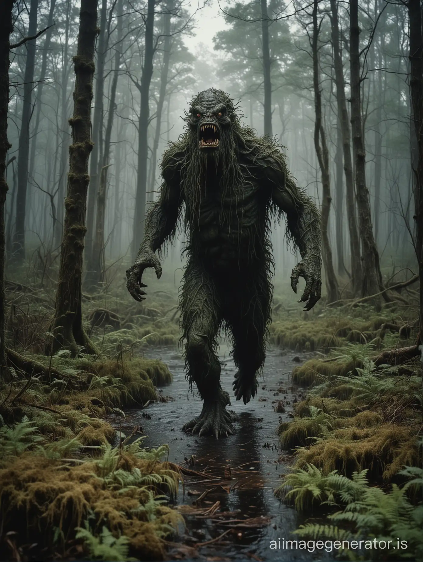 photography, a giant oversized [swamp monster] running in dark forest, Kodak Portra, shot on a 35mm, 8k, soft, surreal, dramatic proportions,